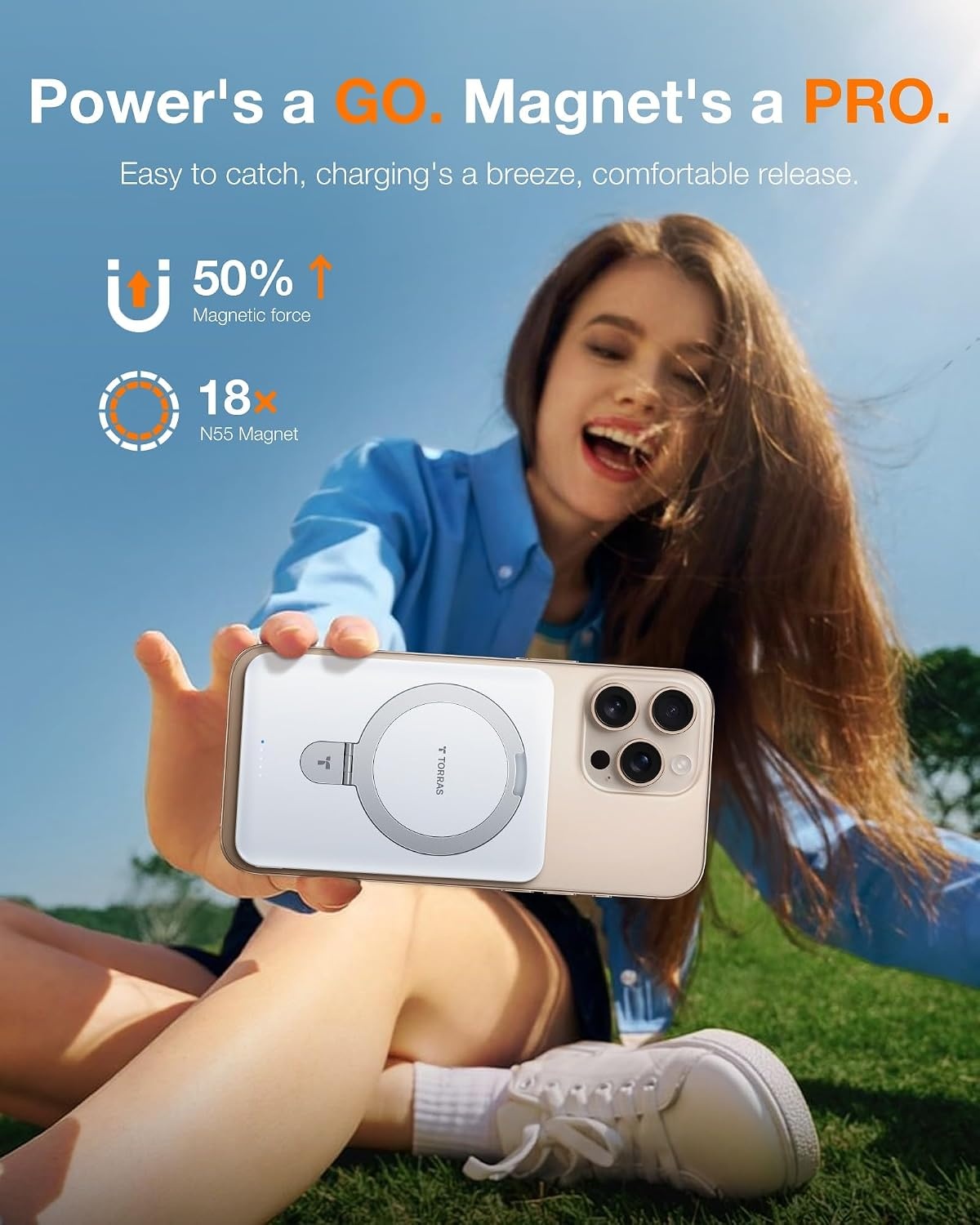 image:imageTORRAS EasyGo 10000mAh Magnetic Portable Charger Power Bank for iPhone Fast Charging Travel Essential Wireless Battery Pack with Stand Compatible with Magsafe17 Pro MaxPro1615141312 Deep BlueWHITE