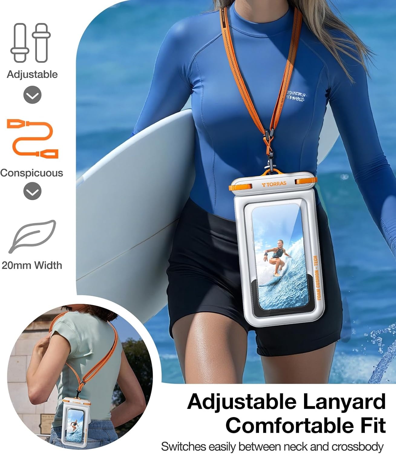 image:imageTORRAS IP68 Waterproof Phone Pouch Double Space Floating Waterproof Phone Case with Lanyard for iPhone 17 Pro Max 16 15 14 S26 S25 Phone Dry Bag Vacation Cruise Ship Travel Essentials 70 WhiteWhite