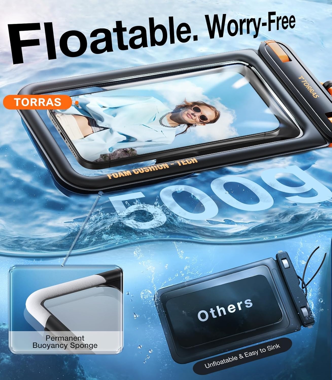image:imageTORRAS IP68 Waterproof Phone Pouch Double Space Floating Waterproof Phone Case with Lanyard for iPhone 17 Pro Max 16 15 14 S26 S25 Phone Dry Bag Vacation Cruise Ship Travel Essentials 70 WhiteGlacier Sprint