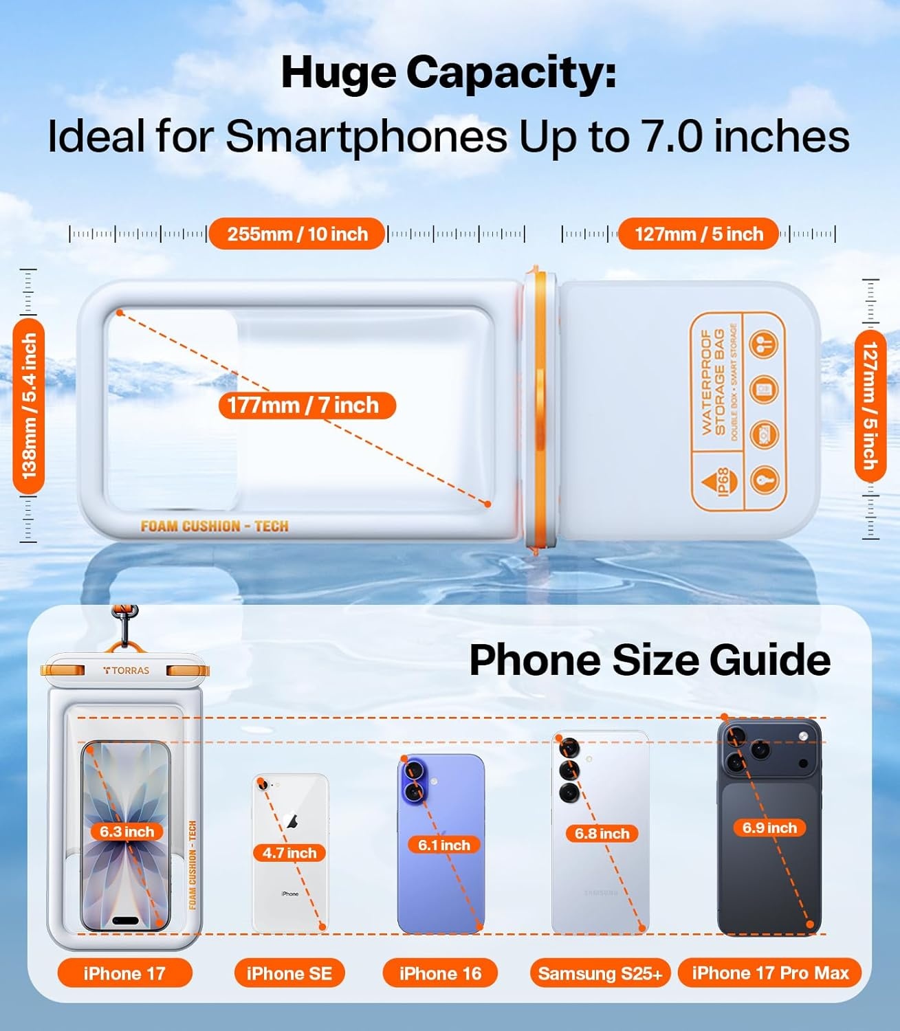 image:imageTORRAS IP68 Waterproof Phone Pouch Double Space Floating Waterproof Phone Case with Lanyard for iPhone 17 Pro Max 16 15 14 S26 S25 Phone Dry Bag Vacation Cruise Ship Travel Essentials 70 WhiteWhite
