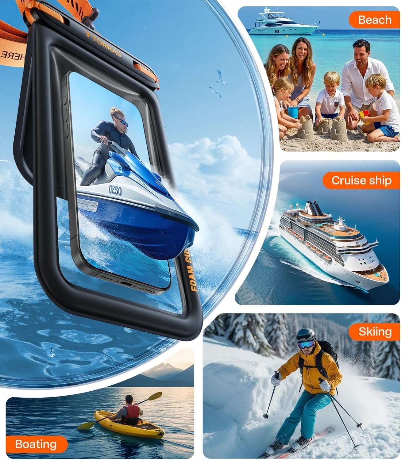 image:imageTORRAS IP68 Waterproof Phone Pouch Double Space Floating Waterproof Phone Case with Lanyard for iPhone 17 Pro Max 16 15 14 S26 S25 Phone Dry Bag Vacation Cruise Ship Travel Essentials 70 WhiteBlack