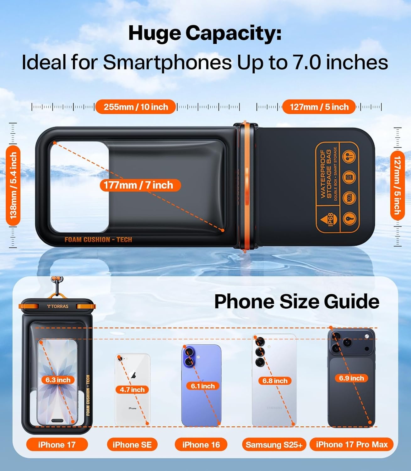 image:imageTORRAS IP68 Waterproof Phone Pouch Double Space Floating Waterproof Phone Case with Lanyard for iPhone 17 Pro Max 16 15 14 S26 S25 Phone Dry Bag Vacation Cruise Ship Travel Essentials 70 WhiteBlack