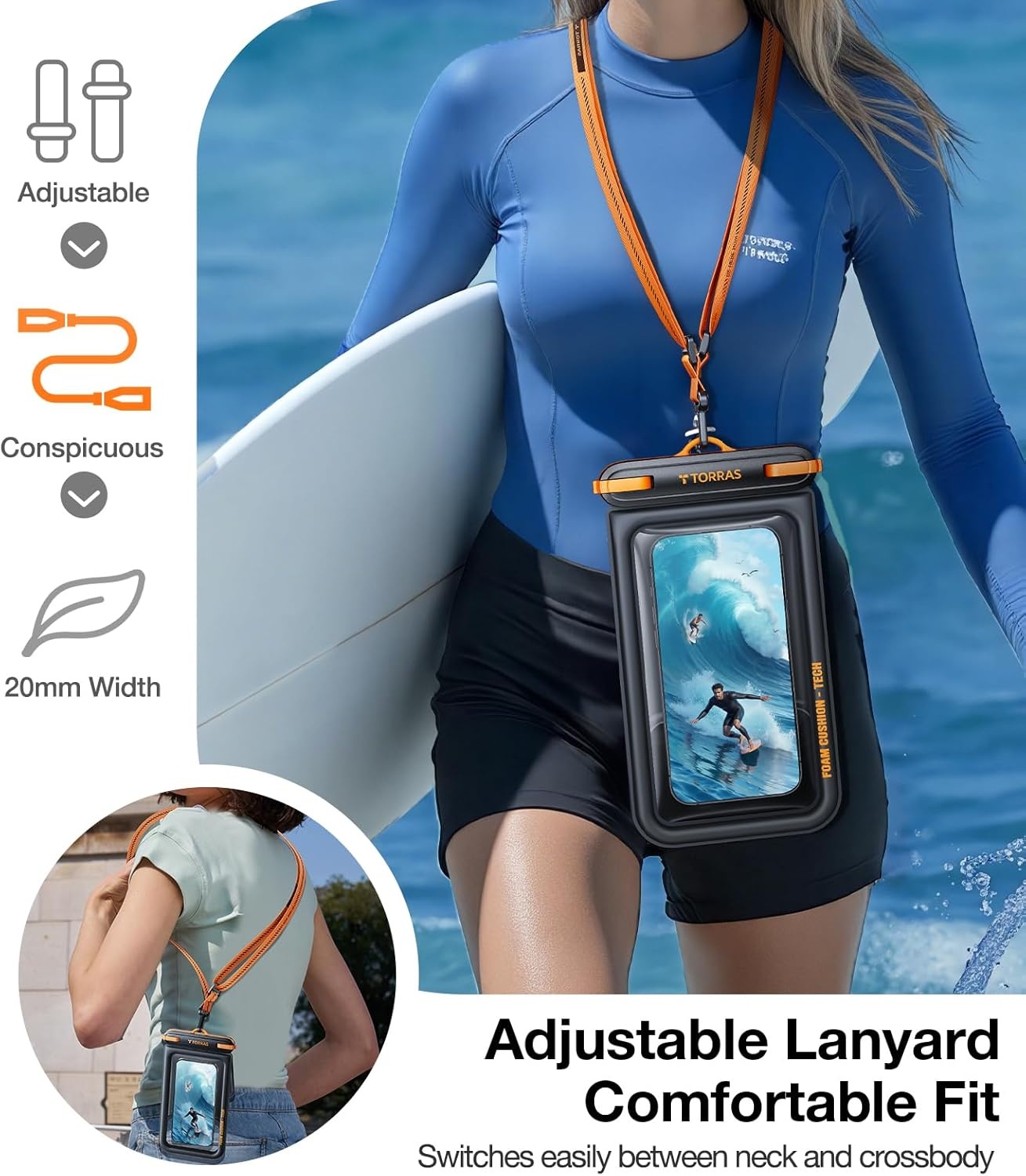 image:imageTORRAS IP68 Waterproof Phone Pouch Double Space Floating Waterproof Phone Case with Lanyard for iPhone 17 Pro Max 16 15 14 S26 S25 Phone Dry Bag Vacation Cruise Ship Travel Essentials 70 WhiteBlack
