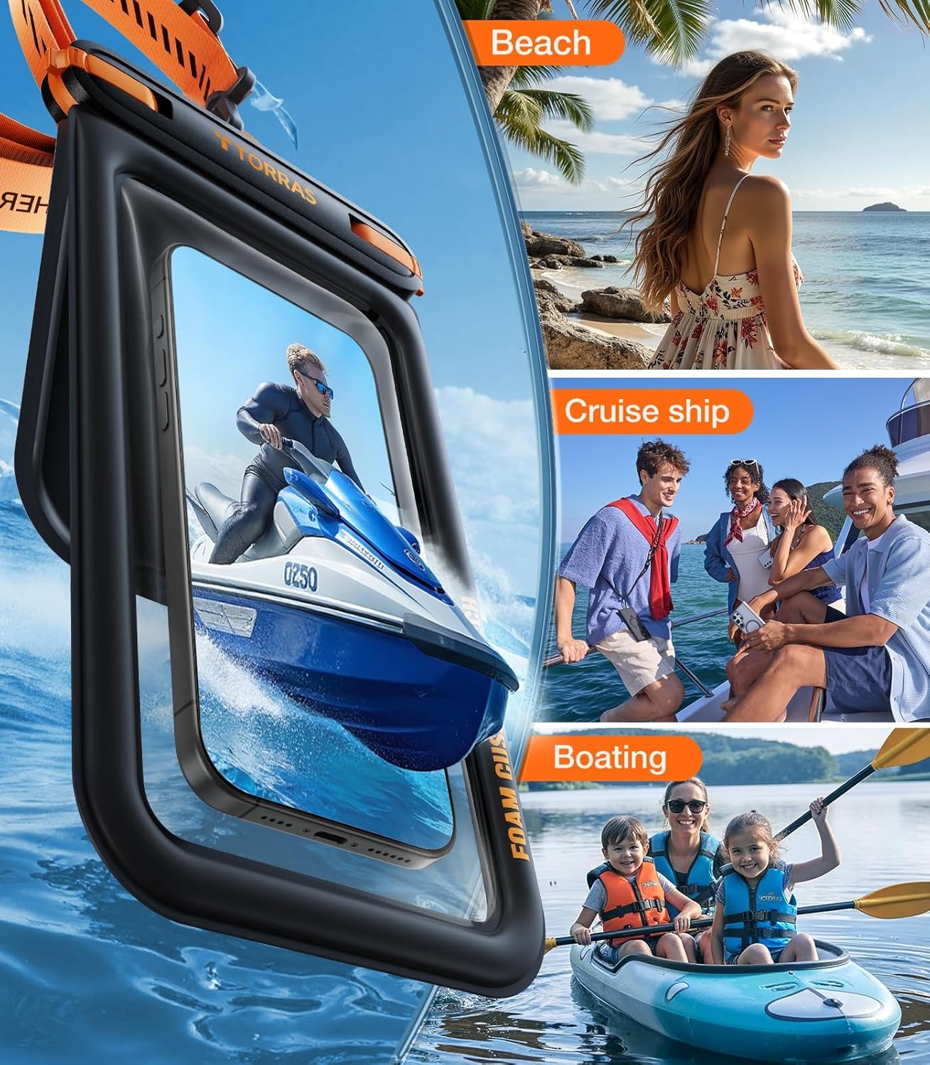 image:imageTORRAS IP68 Waterproof Phone Pouch Double Space Floating Waterproof Phone Case with Lanyard for iPhone 17 Pro Max 16 15 14 S26 S25 Phone Dry Bag Vacation Cruise Ship Travel Essentials 70 WhiteGlacier Sprint