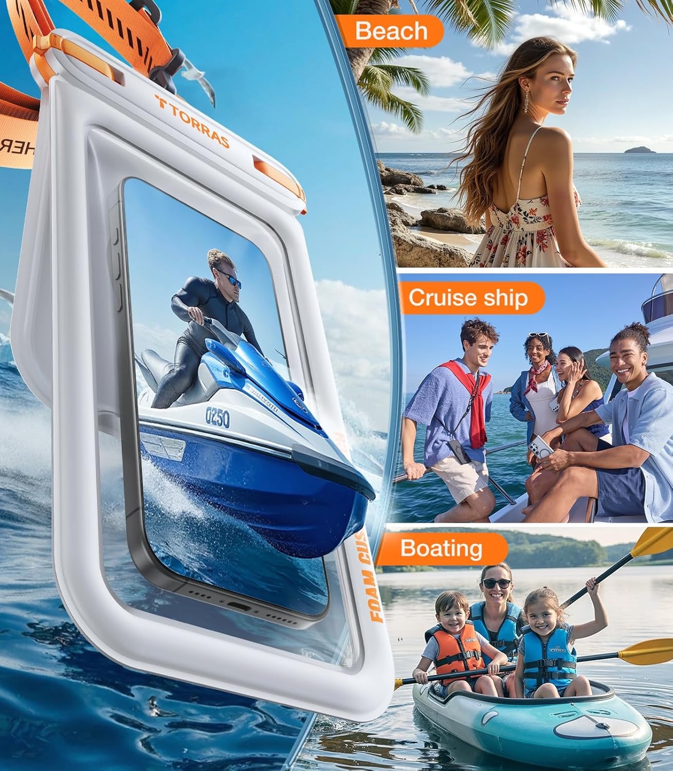 image:imageTORRAS IP68 Waterproof Phone Pouch Double Space Floating Waterproof Phone Case with Lanyard for iPhone 17 Pro Max 16 15 14 S26 S25 Phone Dry Bag Vacation Cruise Ship Travel Essentials 70 WhiteWhite