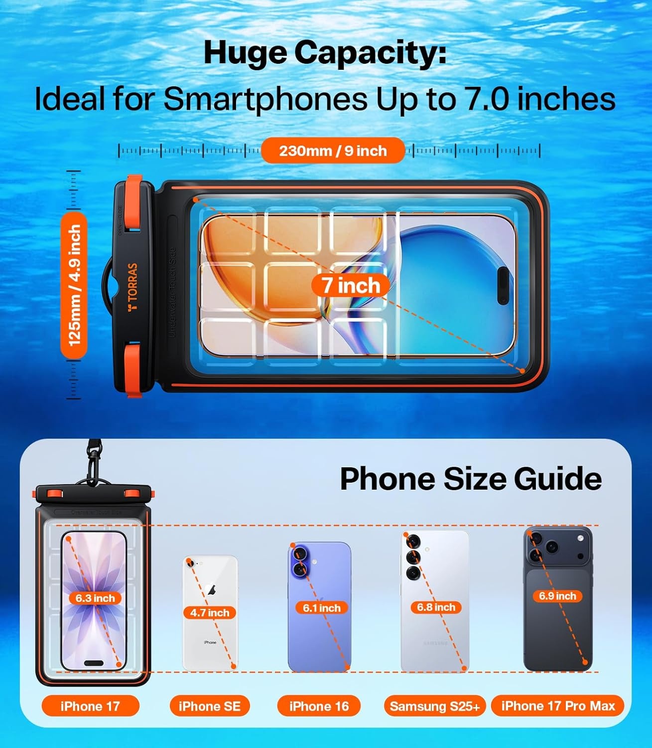 image:imageTORRAS IPX8 Waterproof Phone Pouch Floating Underwater Screen Touchable Water Proof Case with Lanyard for iPhone 17 Pro Max 16 S26 Cellphone Dry Bag Cruise Essentials 70 inch Black1 PackBlack
