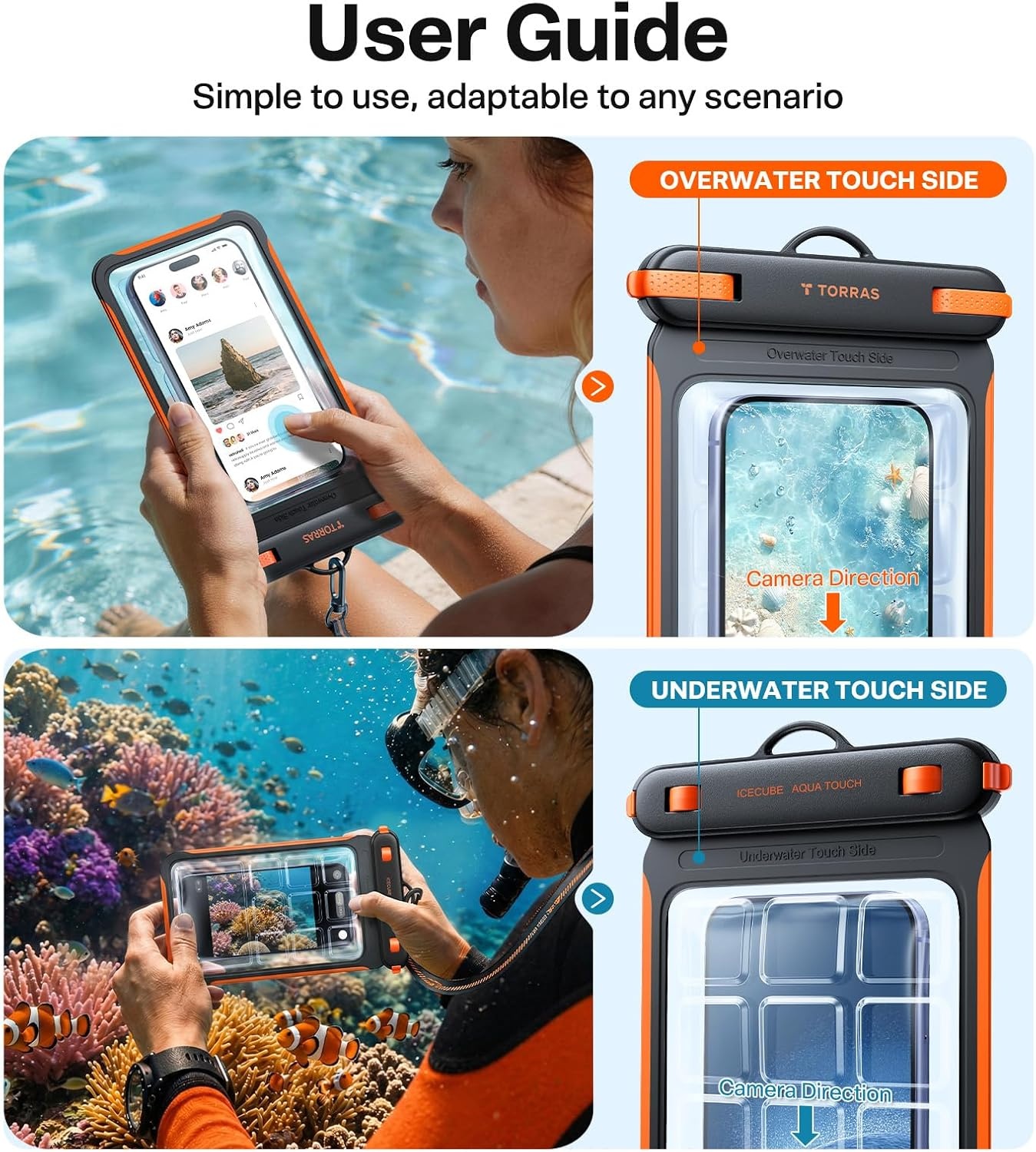 image:imageTORRAS IPX8 Waterproof Phone Pouch Floating Underwater Screen Touchable Water Proof Case with Lanyard for iPhone 17 Pro Max 16 S26 Cellphone Dry Bag Cruise Essentials 70 inch Black2 PackBlack White