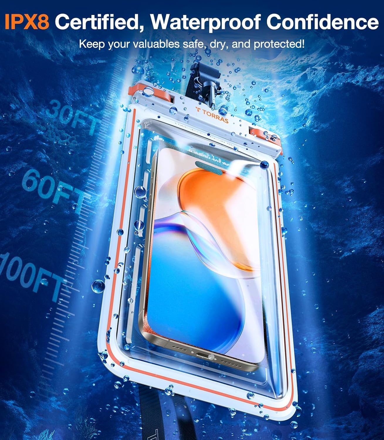 image:imageTORRAS IPX8 Waterproof Phone Pouch Floating Underwater Screen Touchable Water Proof Case with Lanyard for iPhone 17 Pro Max 16 S26 Cellphone Dry Bag Cruise Essentials 70 inch Black1 PackWhite