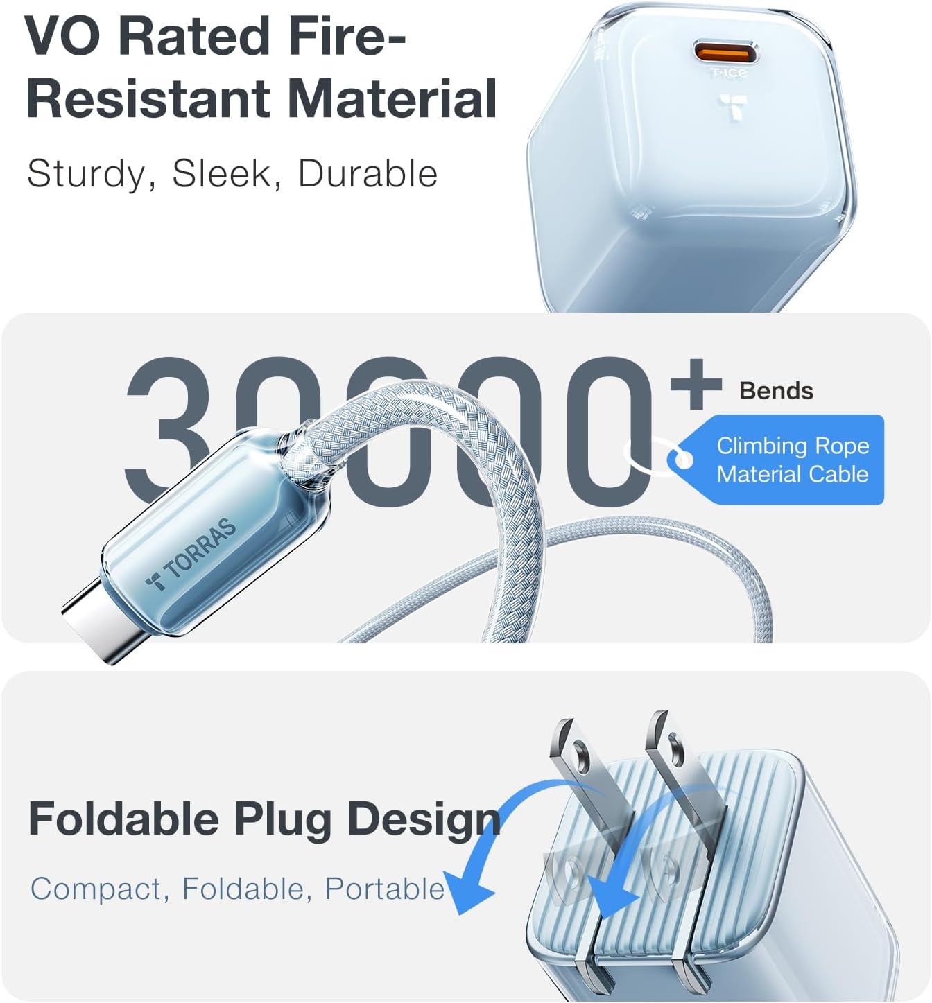 image:imageTORRAS IceNano 30W USB C Wall Charger Ultra Mini Foldable Fast Charger Block with Cooling Tech Compact Travel Wall Charger for iPhone 171615 Samsung iPad Light Blue 56ft Cable IncludedLight Blue