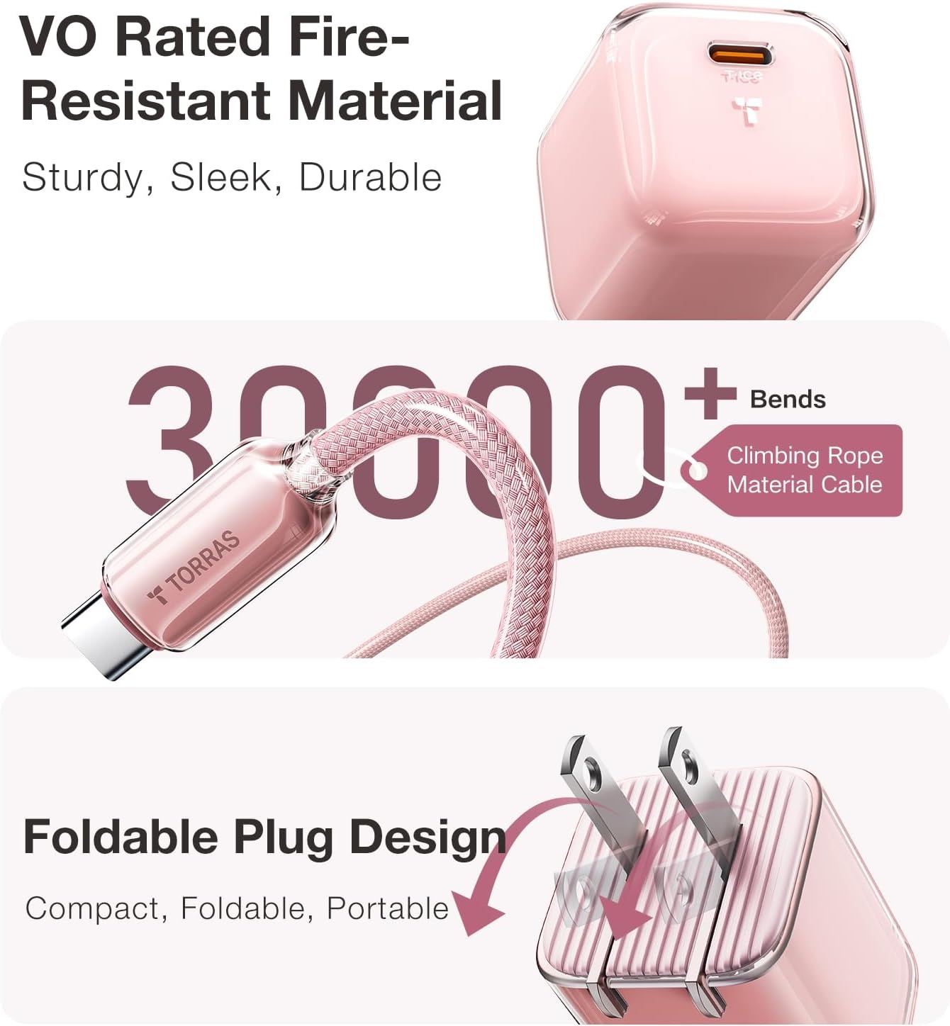 image:imageTORRAS IceNano 30W USB C Wall Charger Ultra Mini Foldable Fast Charger Block with Cooling Tech Compact Travel Wall Charger for iPhone 171615 Samsung iPad Light Blue 56ft Cable IncludedLight Pink