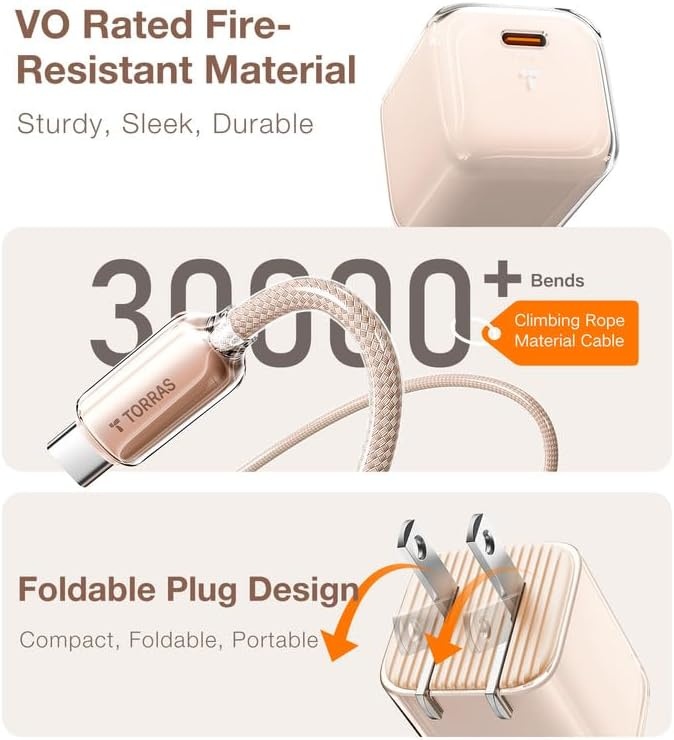 image:imageTORRAS IceNano 30W USB C Wall Charger Ultra Mini Foldable Fast Charger Block with Cooling Tech Compact Travel Wall Charger for iPhone 171615 Samsung iPad Light Blue 56ft Cable IncludedDesert Gold