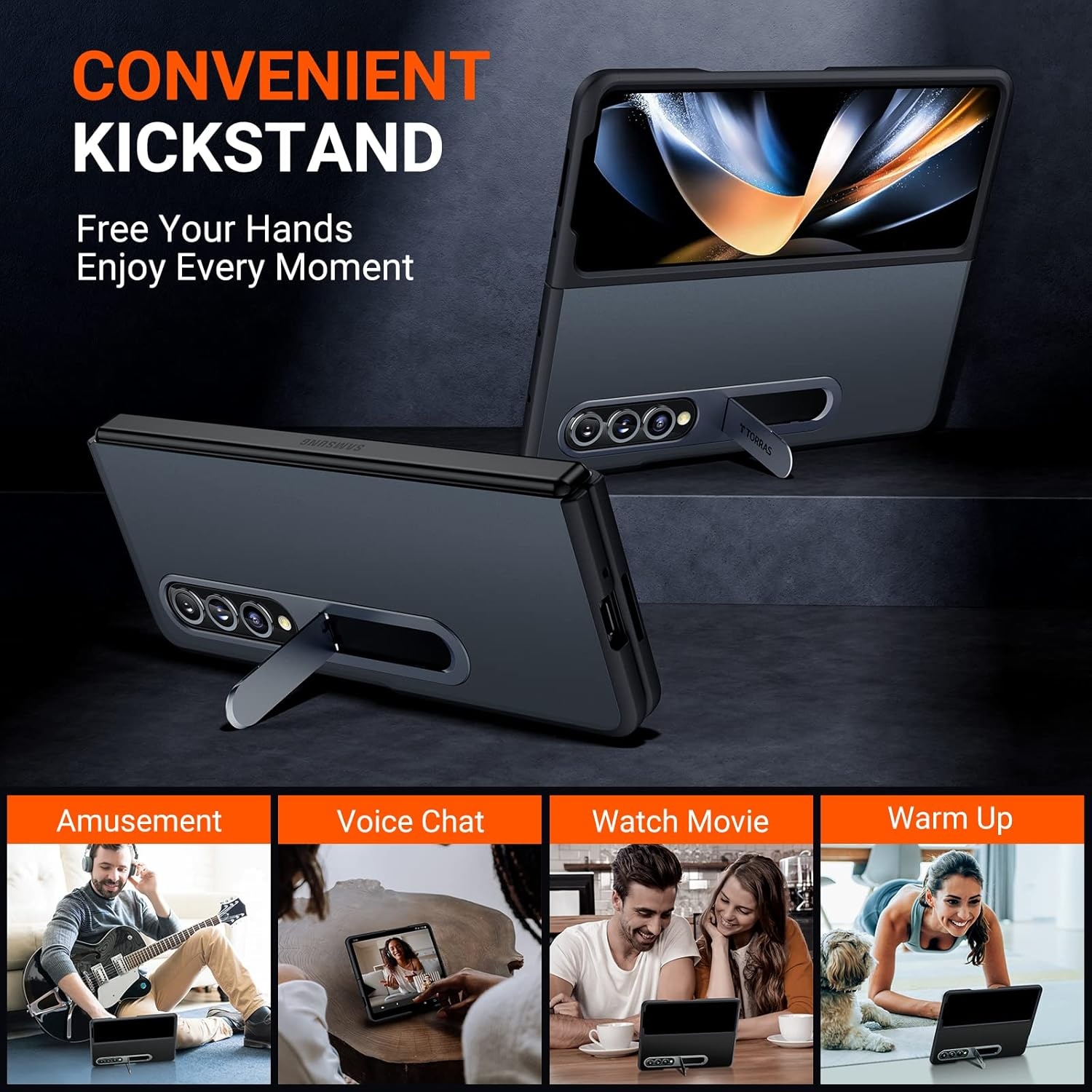 image:imageTORRAS Kickstand Z Fold 4 Case Aluminum Alloy Stand Slim Thin Translucent Matte Durable Case for Samsung Galaxy Z Fold 4 5G Black