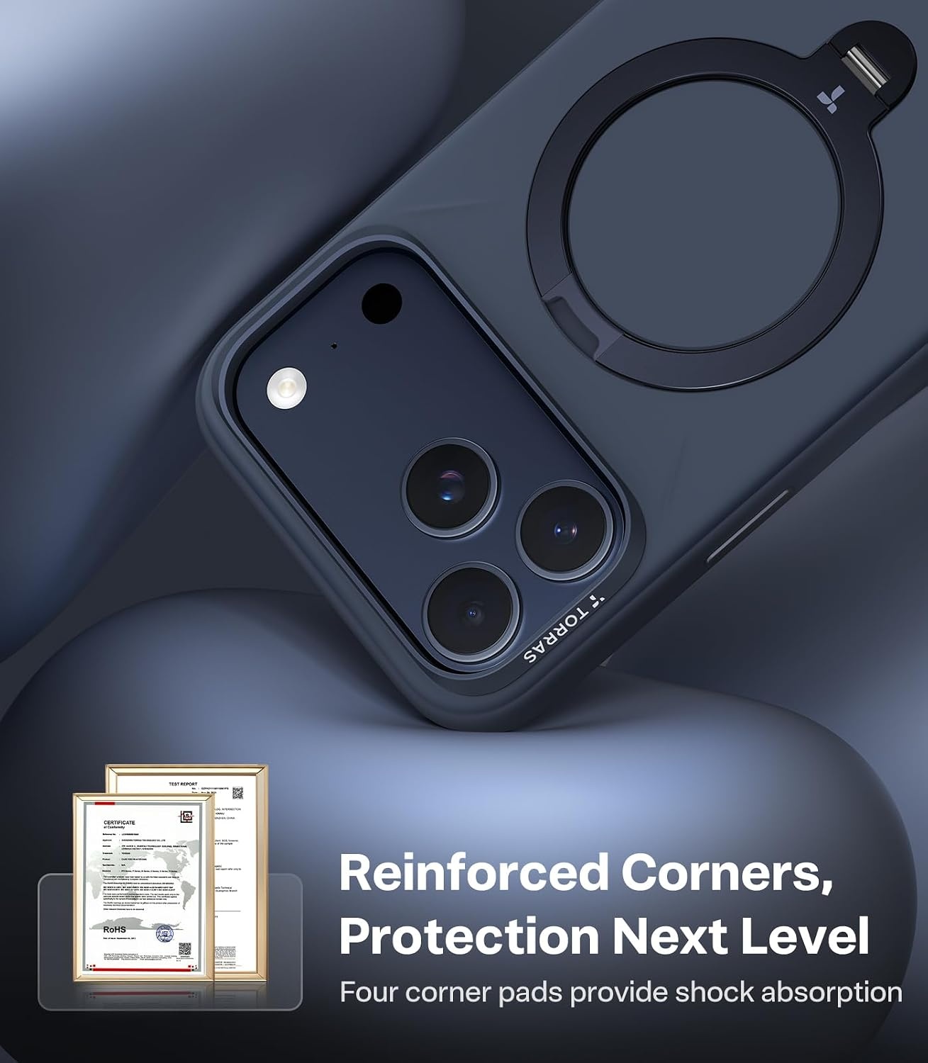 image:imageTORRAS Liquid Silicone for iPhone 16 Pro Case with 360 Spin Magnetic Ring Stand with Camera Control Fit for MagSafe OStand Q3 Silicone NonSlip Protective Case for iPhone 16 Pro Obsidian BlackDeep Blue