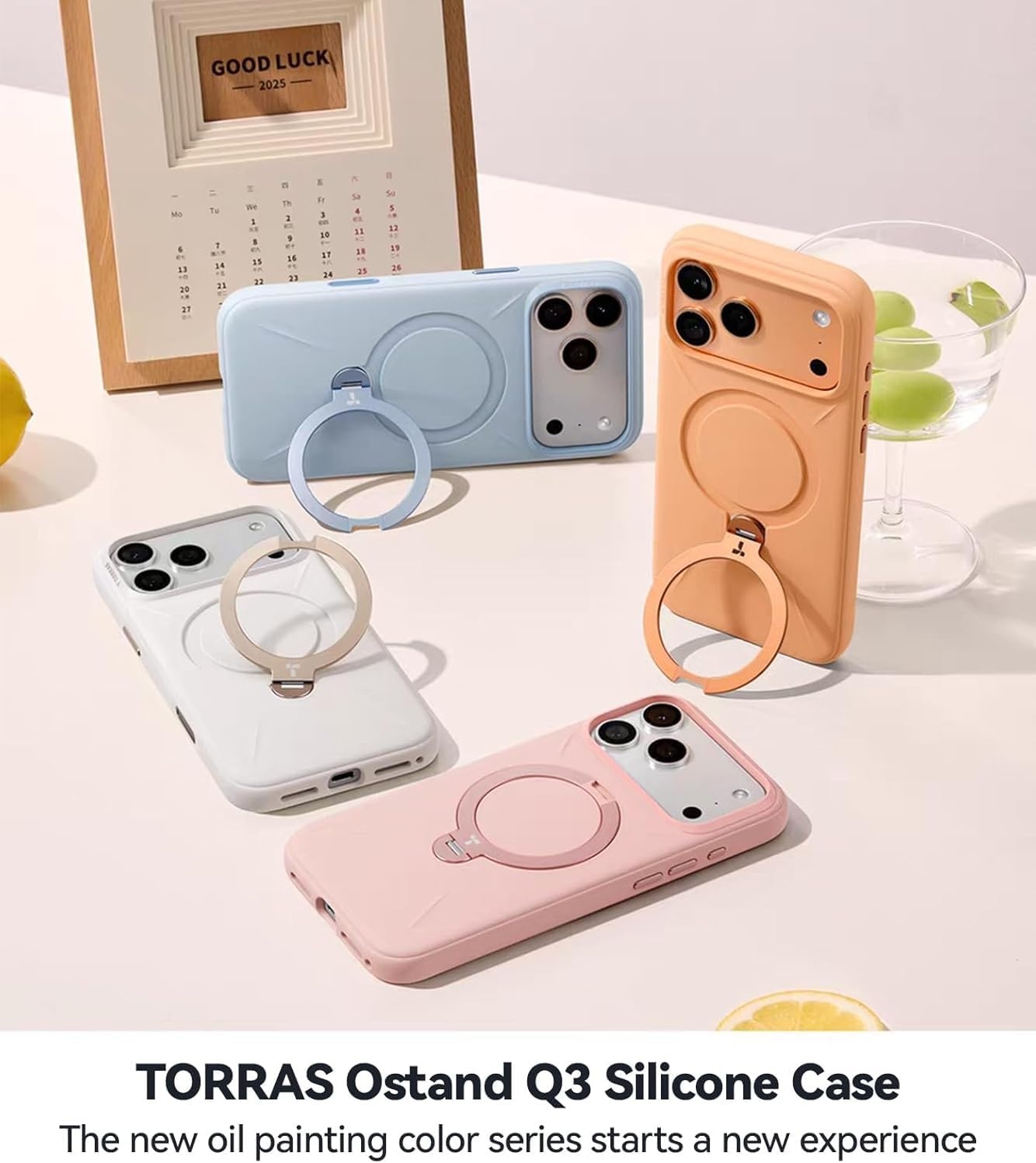 image:imageTORRAS Liquid Silicone for iPhone 16 Pro Case with 360 Spin Magnetic Ring Stand with Camera Control Fit for MagSafe OStand Q3 Silicone NonSlip Protective Case for iPhone 16 Pro Obsidian BlackPastel Orange