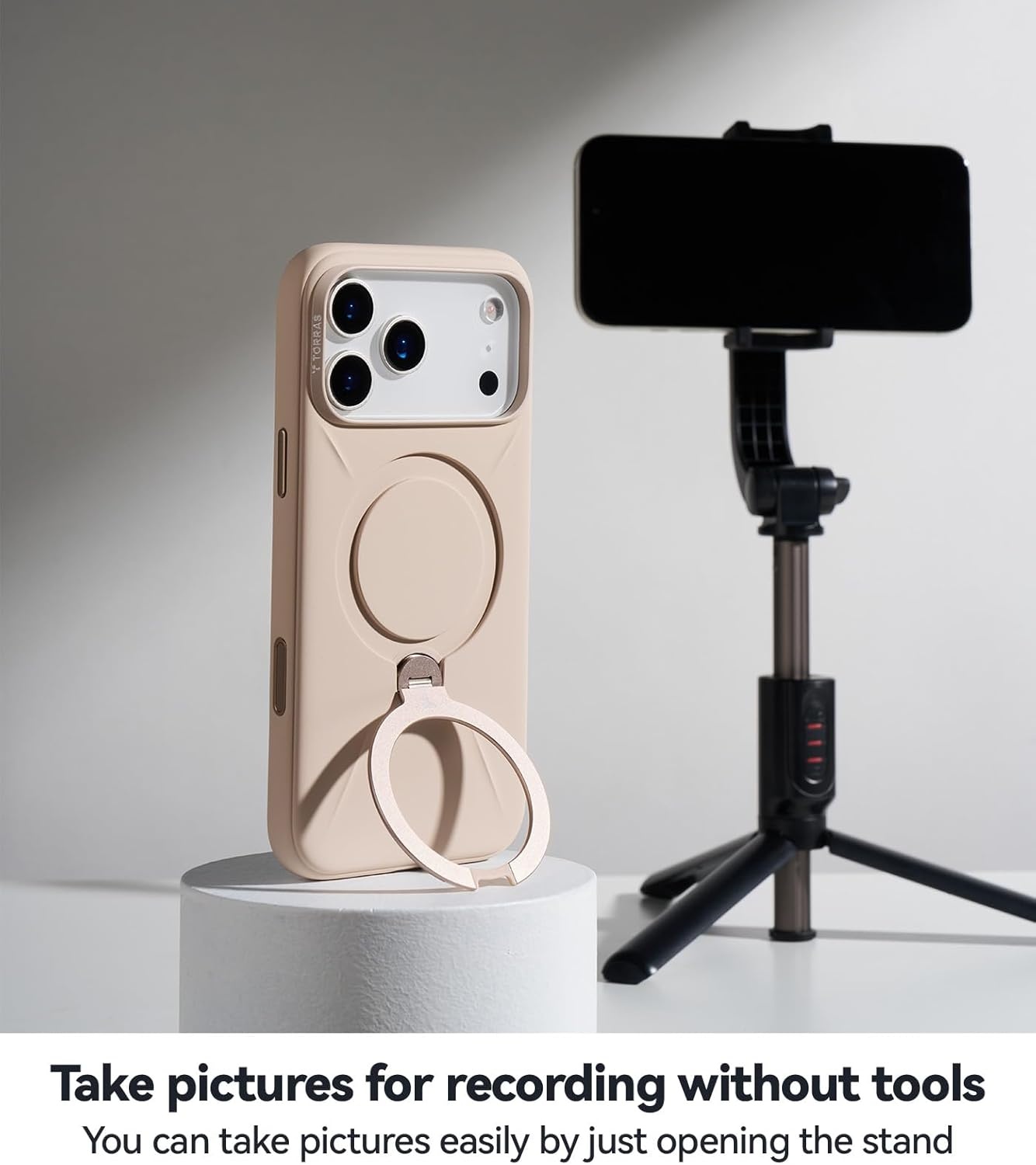 image:imageTORRAS Liquid Silicone for iPhone 16 Pro Case with 360 Spin Magnetic Ring Stand with Camera Control Fit for MagSafe OStand Q3 Silicone NonSlip Protective Case for iPhone 16 Pro Obsidian BlackDune Beige
