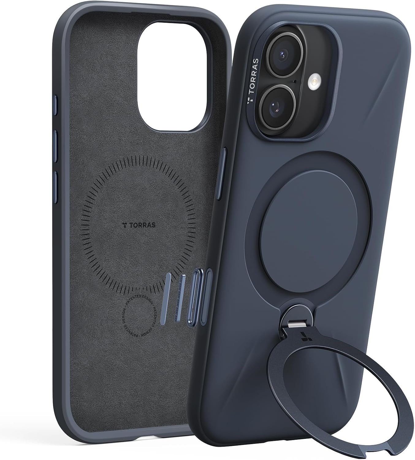 image:imageTORRAS Liquid Silicone for iPhone 16 Pro Case with 360 Spin Magnetic Ring Stand with Camera Control Fit for MagSafe OStand Q3 Silicone NonSlip Protective Case for iPhone 16 Pro Obsidian BlackDeep Blue