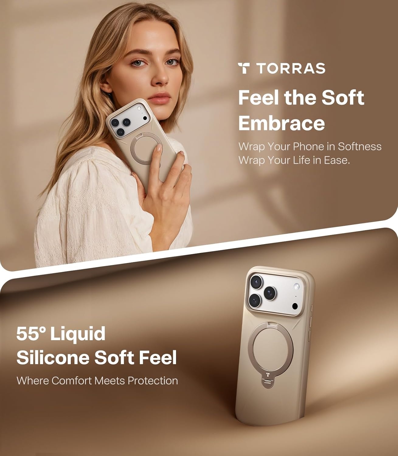 image:imageTORRAS Liquid Silicone for iPhone 16 Pro Case with 360 Spin Magnetic Ring Stand with Camera Control Fit for MagSafe OStand Q3 Silicone NonSlip Protective Case for iPhone 16 Pro Obsidian BlackDune Beige