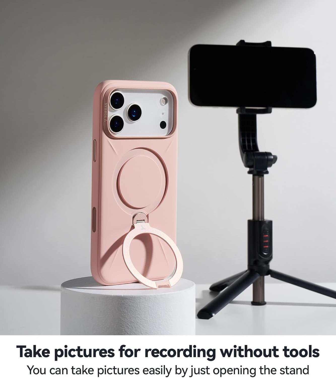 image:imageTORRAS Liquid Silicone for iPhone 16 Pro Case with 360 Spin Magnetic Ring Stand with Camera Control Fit for MagSafe OStand Q3 Silicone NonSlip Protective Case for iPhone 16 Pro Obsidian BlackBliss Pink