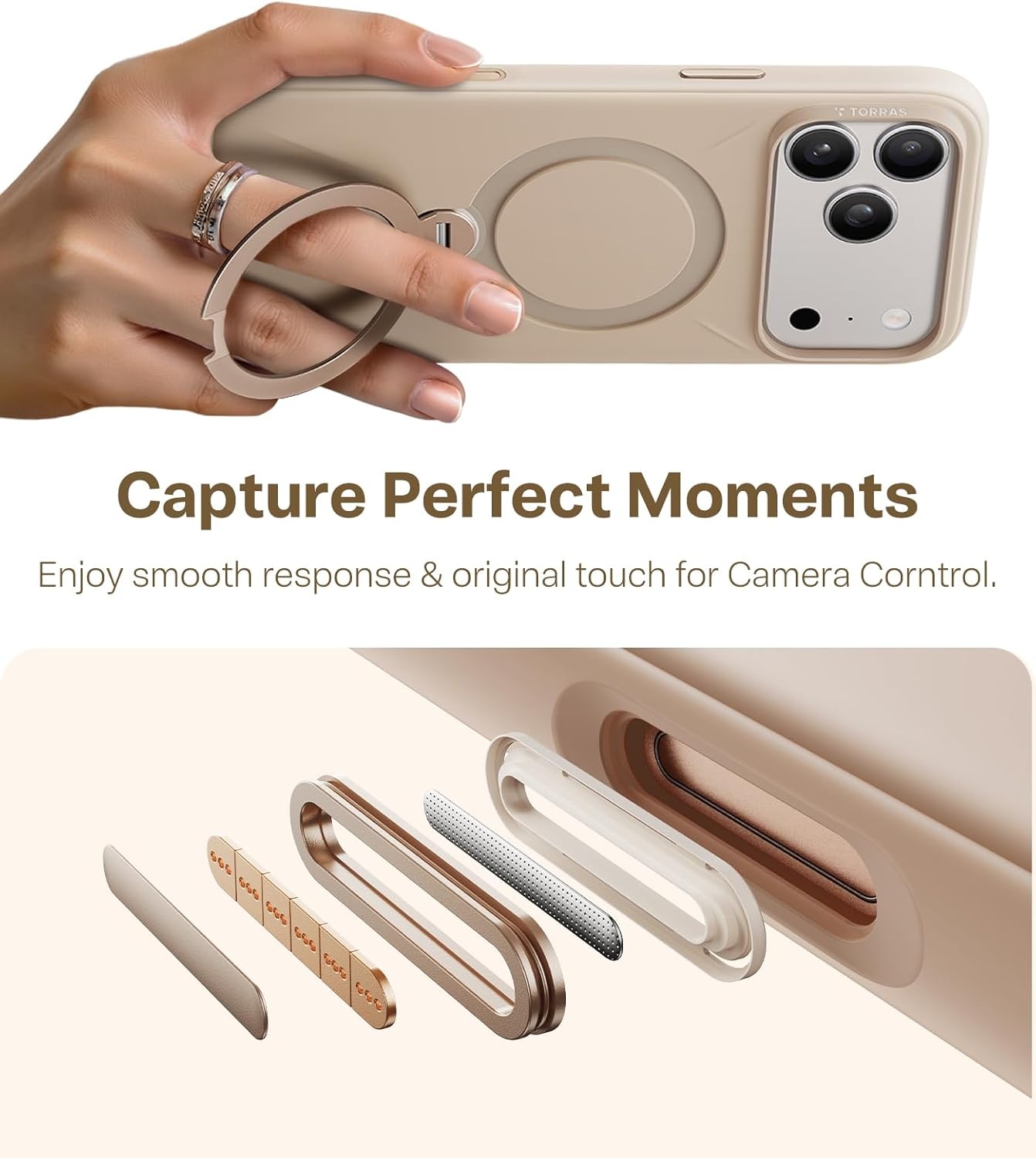 image:imageTORRAS Liquid Silicone for iPhone 16 Pro Case with 360 Spin Magnetic Ring Stand with Camera Control Fit for MagSafe OStand Q3 Silicone NonSlip Protective Case for iPhone 16 Pro Obsidian BlackDune Beige