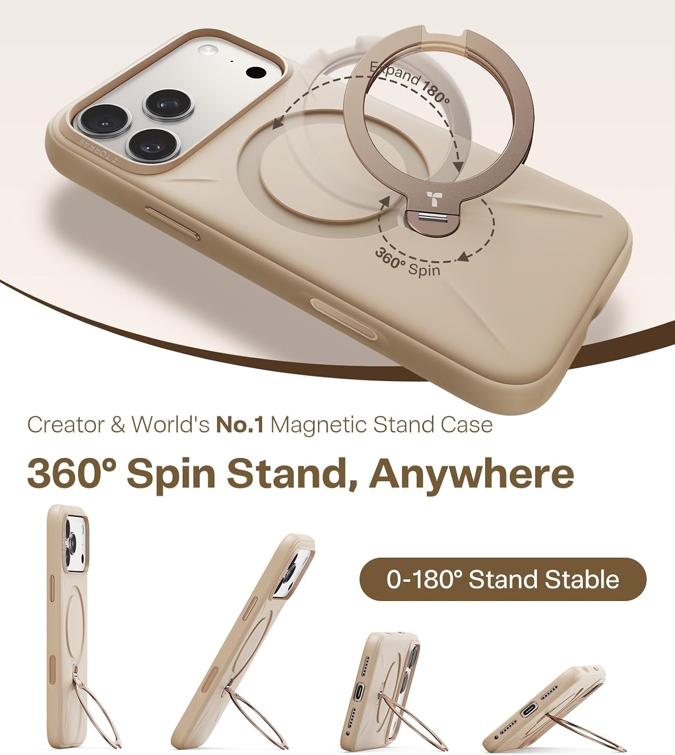 image:imageTORRAS Liquid Silicone for iPhone 16 Pro Case with 360 Spin Magnetic Ring Stand with Camera Control Fit for MagSafe OStand Q3 Silicone NonSlip Protective Case for iPhone 16 Pro Obsidian BlackDune Beige