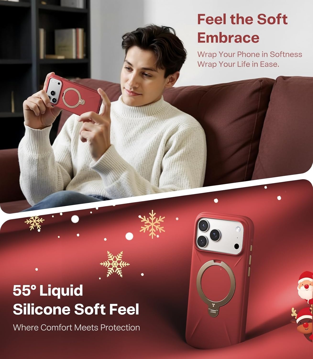 image:imageTORRAS Liquid Silicone for iPhone 16 Pro Case with 360 Spin Magnetic Ring Stand with Camera Control Fit for MagSafe OStand Q3 Silicone NonSlip Protective Case for iPhone 16 Pro Obsidian BlackRed