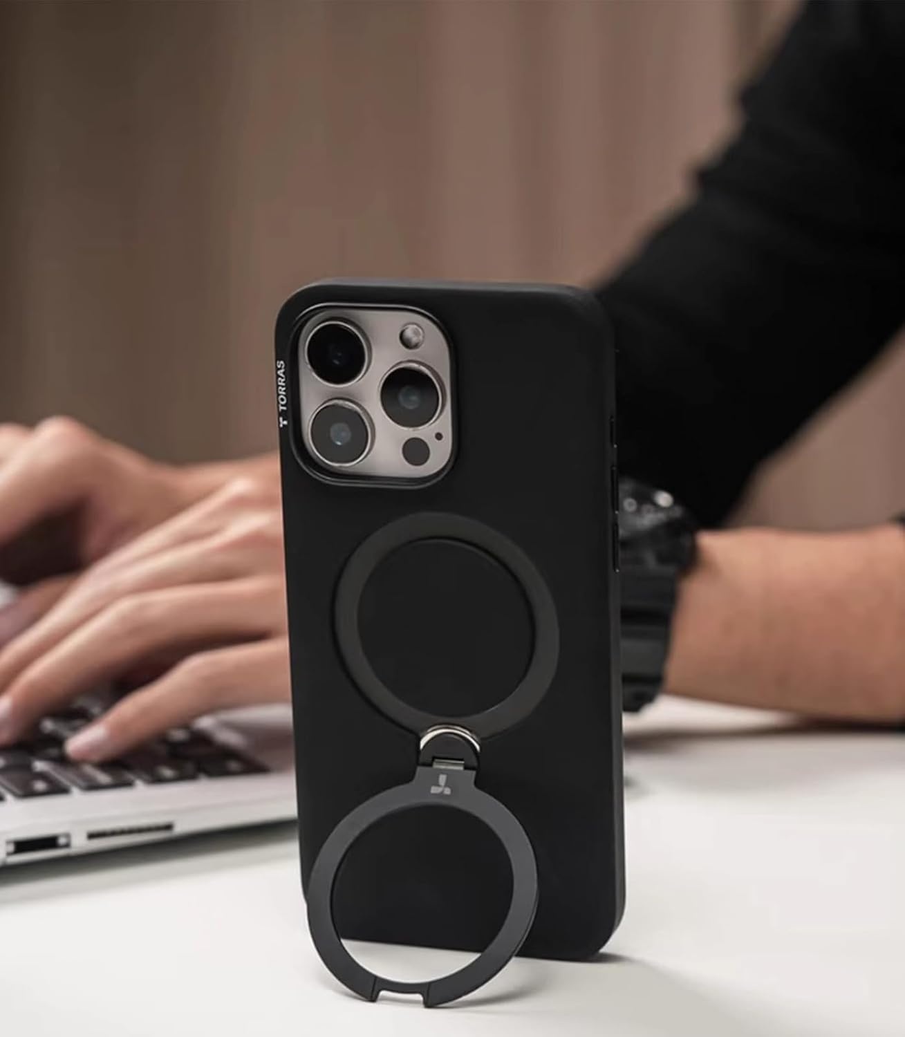image:imageTORRAS Liquid Silicone for iPhone 16 Pro Case with 360 Spin Magnetic Ring Stand with Camera Control Fit for MagSafe OStand Q3 Silicone NonSlip Protective Case for iPhone 16 Pro Obsidian BlackBlack