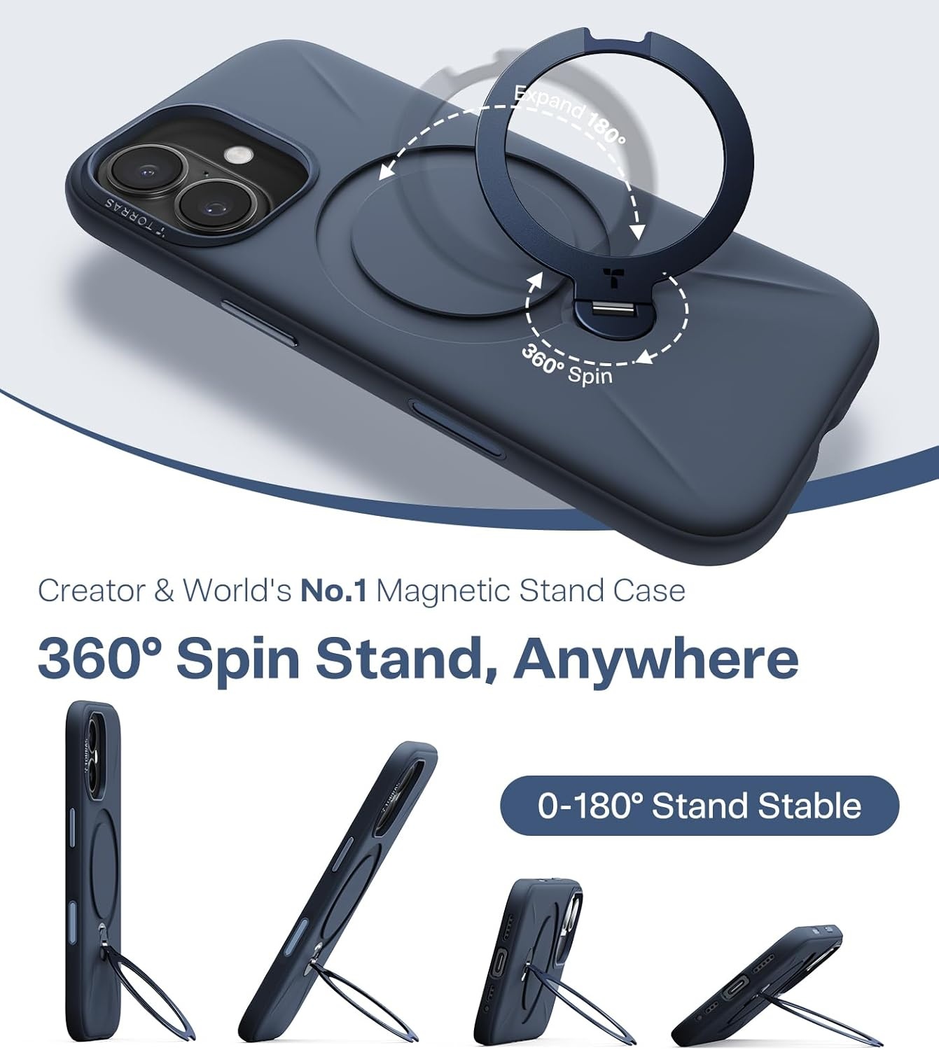 image:imageTORRAS Liquid Silicone for iPhone 16 Pro Case with 360 Spin Magnetic Ring Stand with Camera Control Fit for MagSafe OStand Q3 Silicone NonSlip Protective Case for iPhone 16 Pro Obsidian BlackDeep Blue