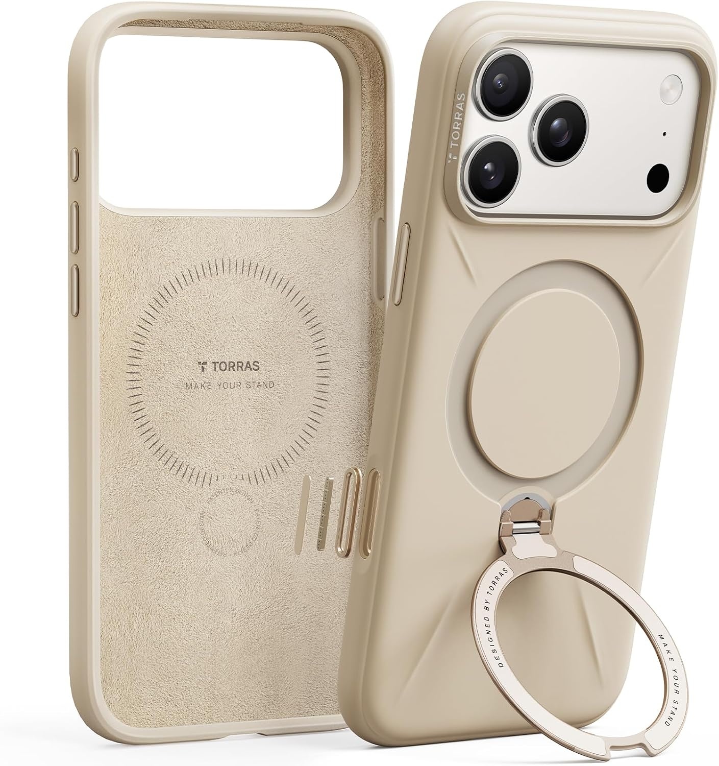 image:imageTORRAS Liquid Silicone for iPhone 16 Pro Case with 360 Spin Magnetic Ring Stand with Camera Control Fit for MagSafe OStand Q3 Silicone NonSlip Protective Case for iPhone 16 Pro Obsidian BlackDune Beige