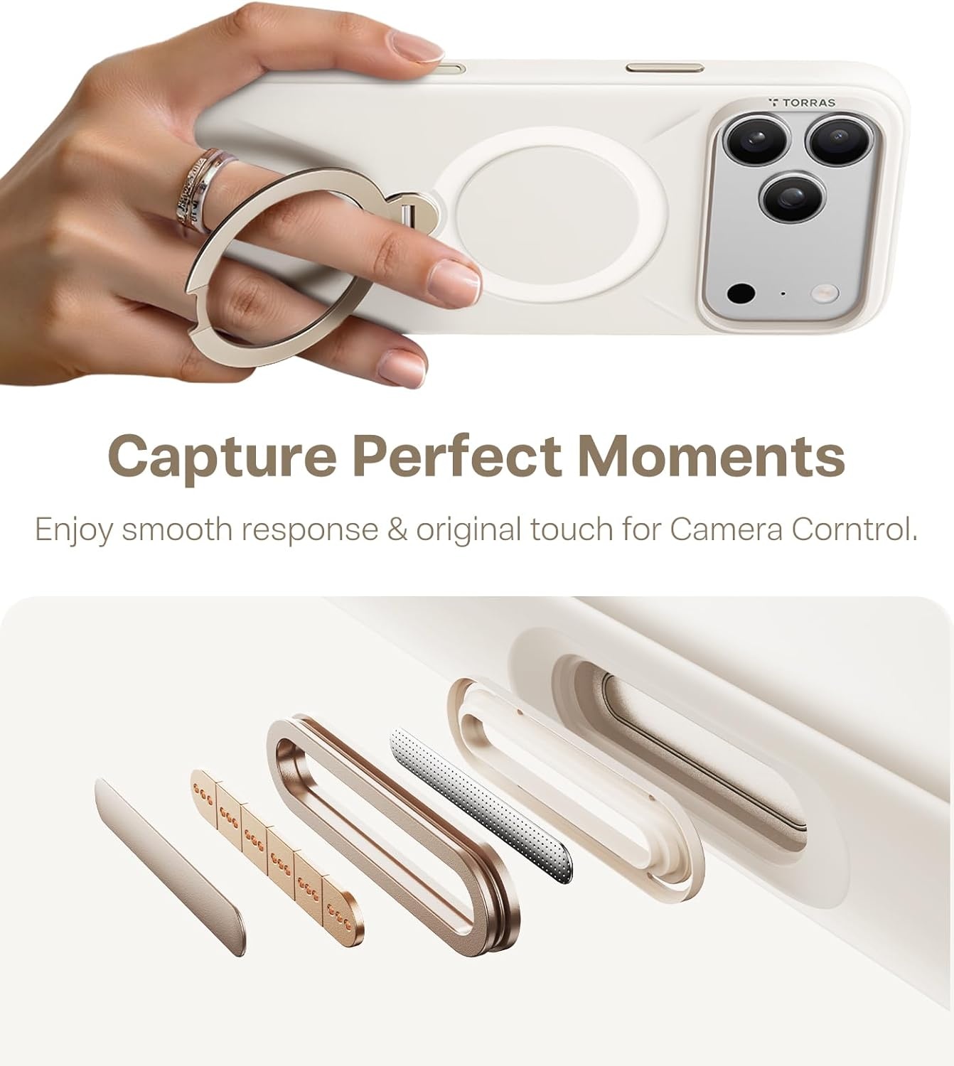 image:imageTORRAS Liquid Silicone for iPhone 16 Pro Case with 360 Spin Magnetic Ring Stand with Camera Control Fit for MagSafe OStand Q3 Silicone NonSlip Protective Case for iPhone 16 Pro Obsidian BlackIvory Gold