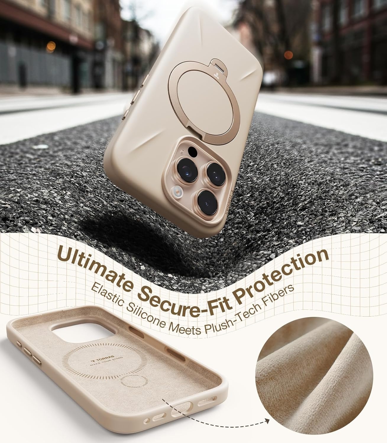 image:imageTORRAS Liquid Silicone for iPhone 16 Pro Case with 360 Spin Magnetic Ring Stand with Camera Control Fit for MagSafe OStand Q3 Silicone NonSlip Protective Case for iPhone 16 Pro Obsidian BlackDune Beige