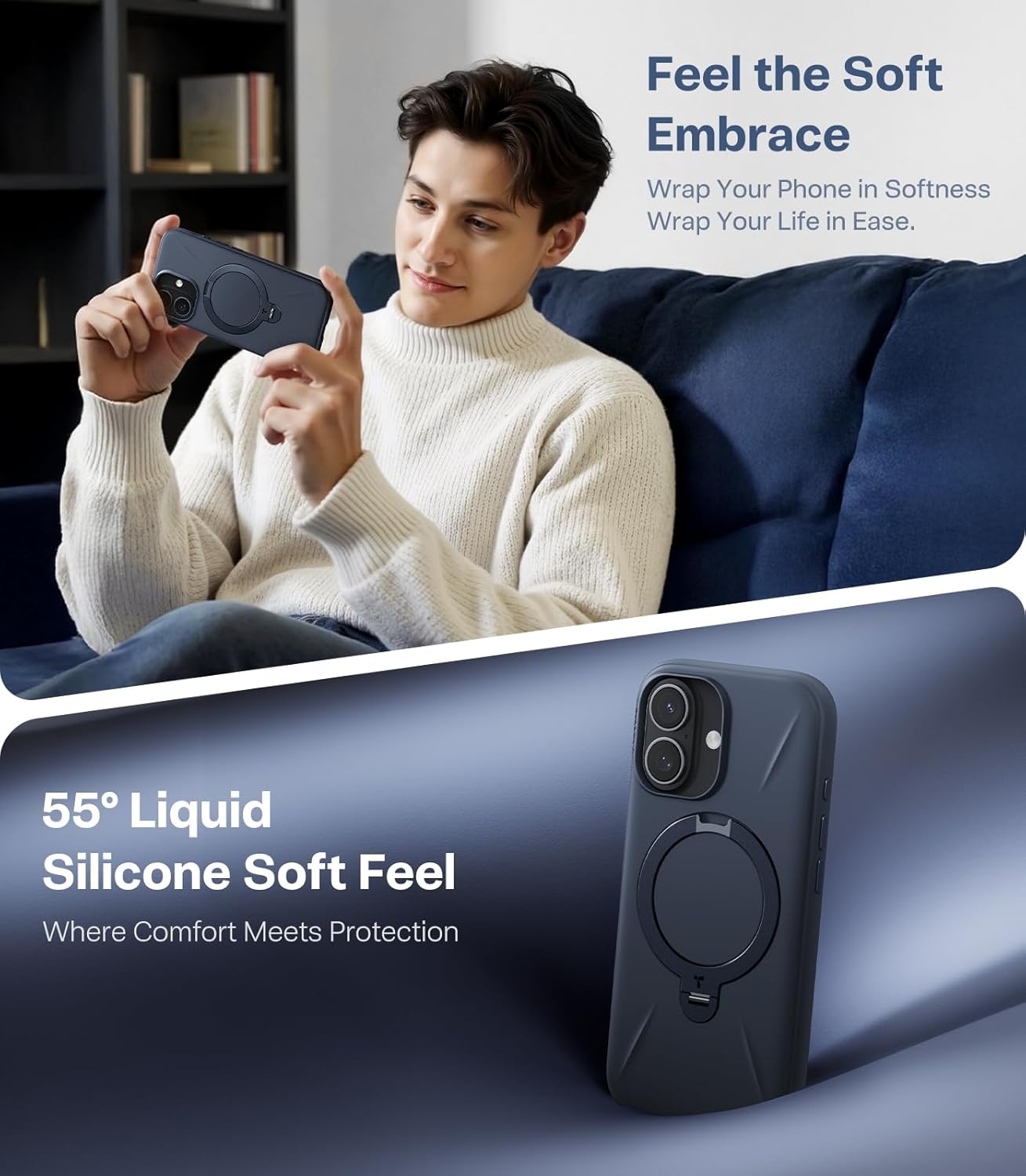 image:imageTORRAS Liquid Silicone for iPhone 16 Pro Case with 360 Spin Magnetic Ring Stand with Camera Control Fit for MagSafe OStand Q3 Silicone NonSlip Protective Case for iPhone 16 Pro Obsidian BlackDeep Blue