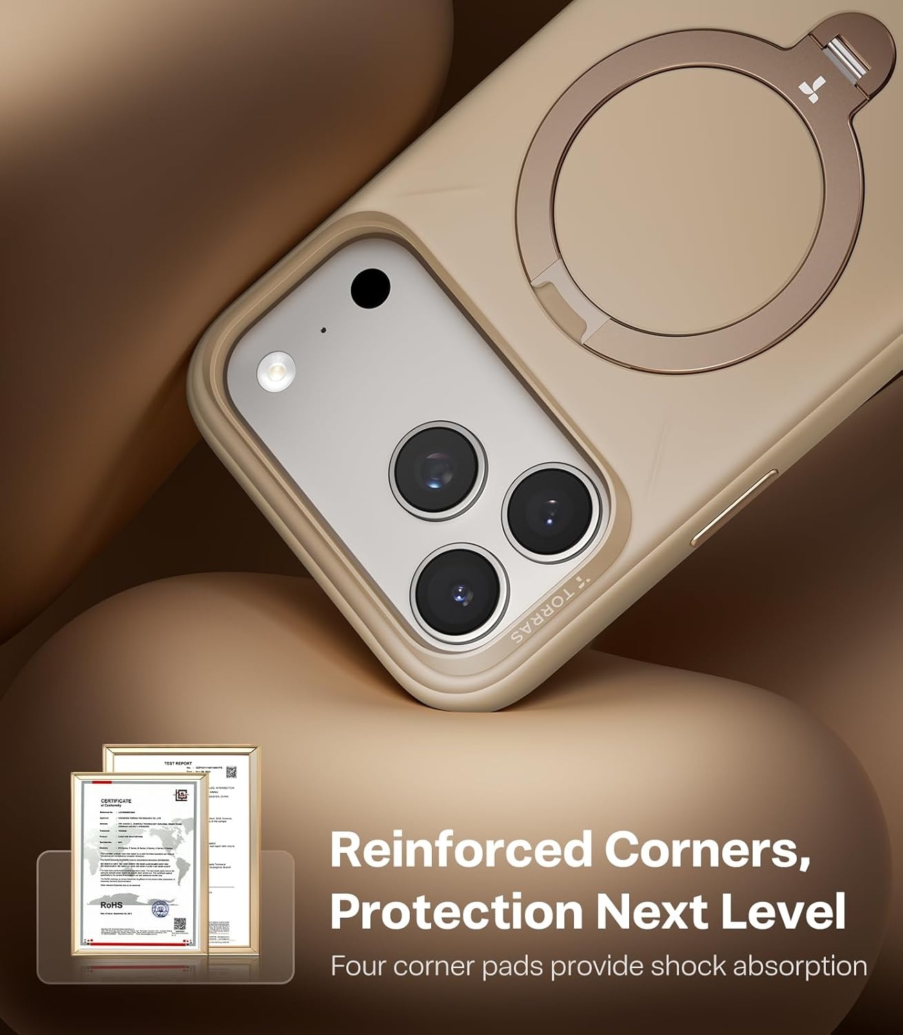 image:imageTORRAS Liquid Silicone for iPhone 16 Pro Case with 360 Spin Magnetic Ring Stand with Camera Control Fit for MagSafe OStand Q3 Silicone NonSlip Protective Case for iPhone 16 Pro Obsidian BlackDune Beige