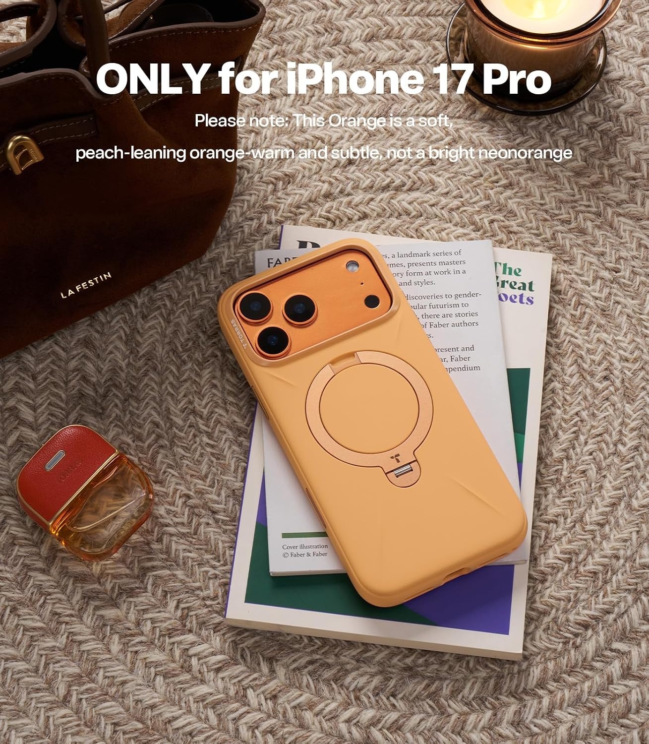 image:imageTORRAS Liquid Silicone for iPhone 16 Pro Case with 360 Spin Magnetic Ring Stand with Camera Control Fit for MagSafe OStand Q3 Silicone NonSlip Protective Case for iPhone 16 Pro Obsidian BlackPastel Orange