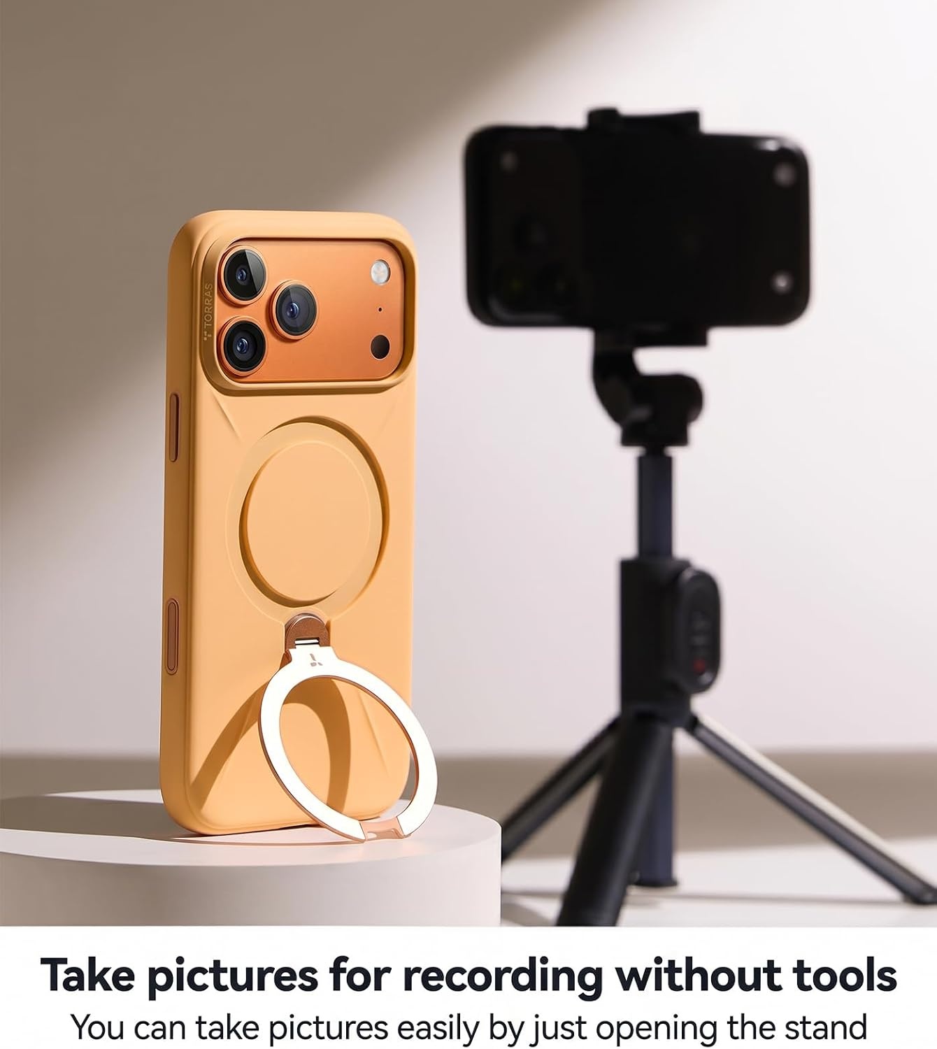 image:imageTORRAS Liquid Silicone for iPhone 16 Pro Case with 360 Spin Magnetic Ring Stand with Camera Control Fit for MagSafe OStand Q3 Silicone NonSlip Protective Case for iPhone 16 Pro Obsidian BlackPastel Orange