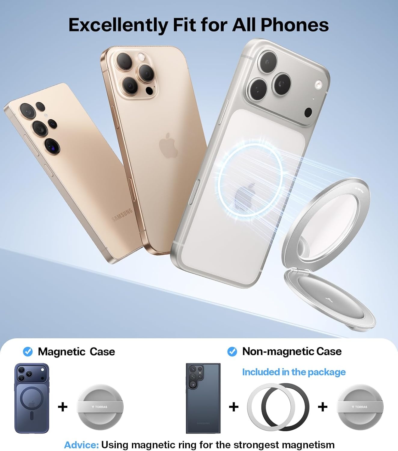 image:imageTORRAS Magnetic Phone Grip Ring Stand Holder Comfortable Silicone Ring Compatible with MagSafe Accessories 4in1 Kickstand for iPhone 17 Pro Max 16 15 14 13 Android BlackSilver
