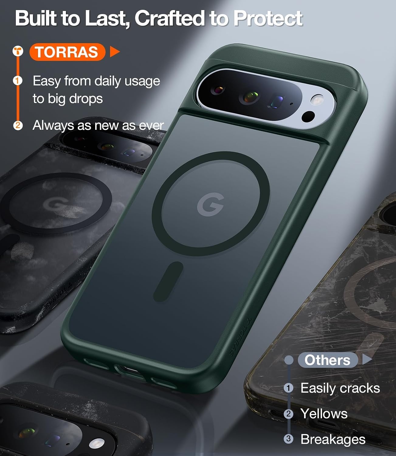image:imageTORRAS Magnetic Shockproof for Google Pixel 10 Pro XL Case Strong Magnet fit for MagSafe 12FT MilGrade Protection Slim Translucent Matte Case for Pixel 10 Pro XL with MultiColor Buttons Green10PXLGreen