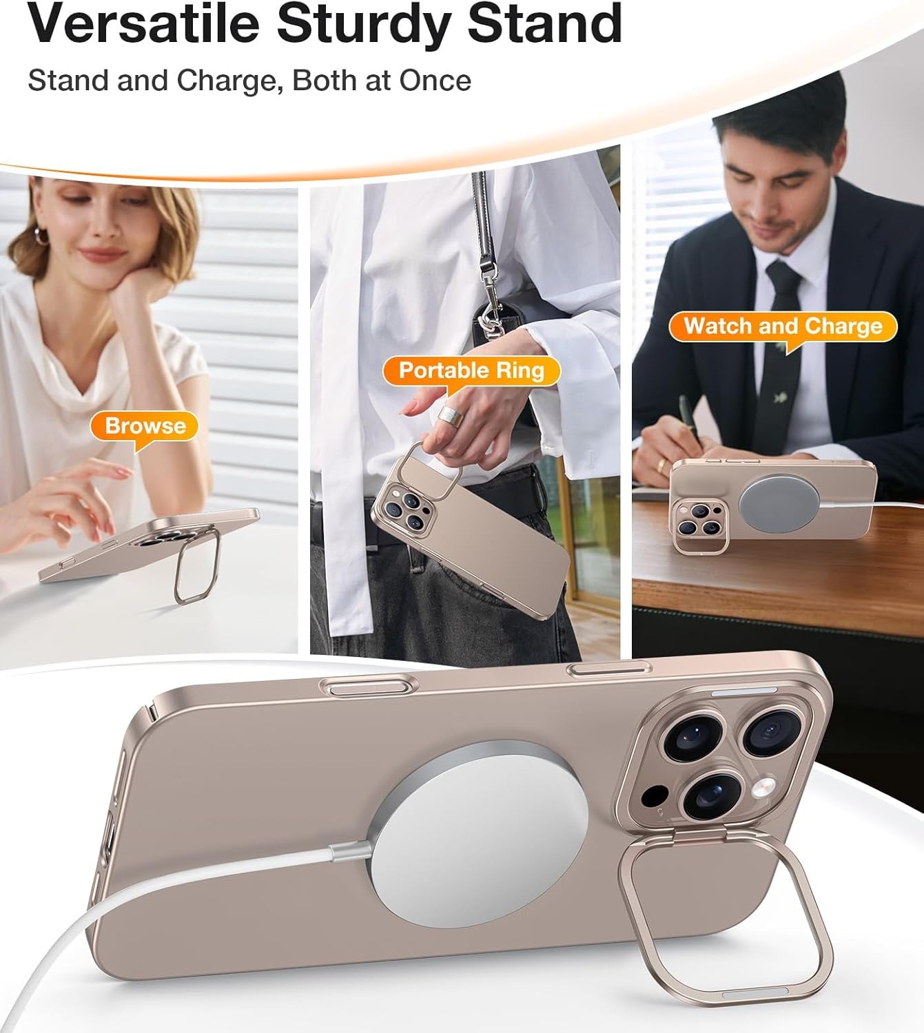 image:imageTORRAS Magnetic Slim Fit Case for iPhone 16 Pro with Stand Compatible with MagSafe Builtin Stash Stand Ultra Thin AntiScratch Matte Hard Phone Case 63 inch Desert Titanium GoldDesert Titanium Gold