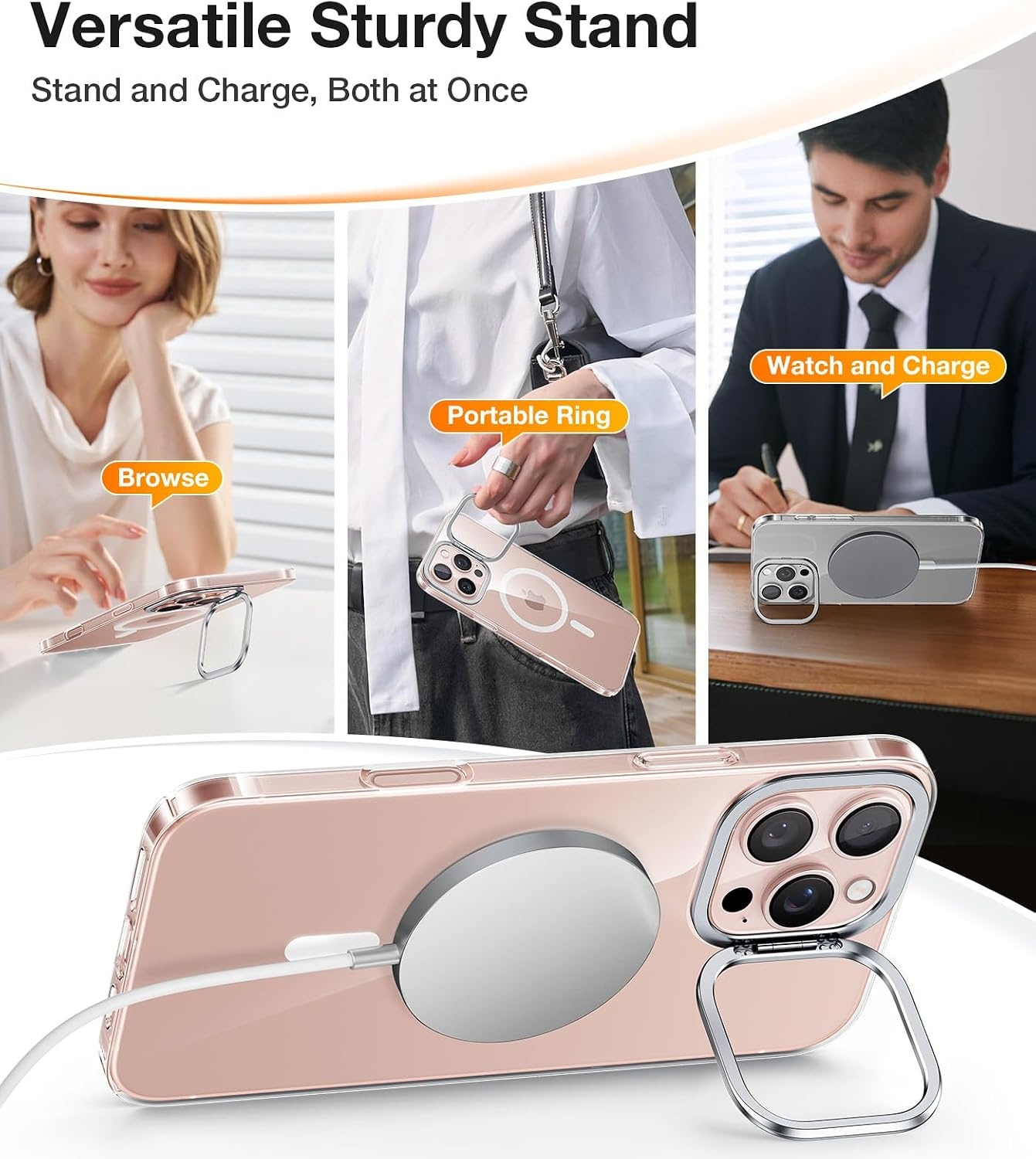 image:imageTORRAS Magnetic Slim Fit Case for iPhone 16 Pro with Stand Compatible with MagSafe Builtin Stash Stand Ultra Thin AntiScratch Matte Hard Phone Case 63 inch Desert Titanium GoldClear