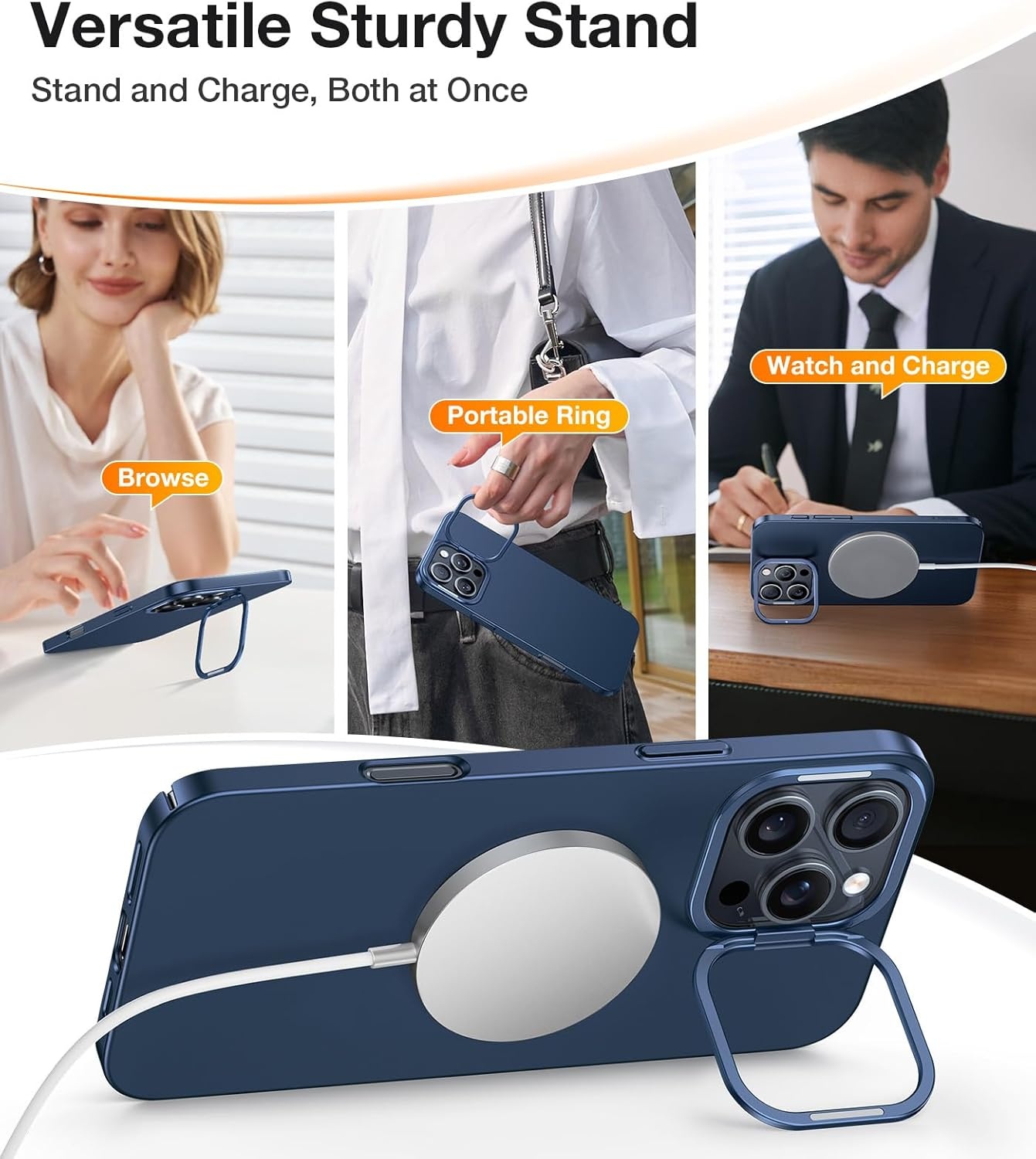 image:imageTORRAS Magnetic Slim Fit Case for iPhone 16 Pro with Stand Compatible with MagSafe Builtin Stash Stand Ultra Thin AntiScratch Matte Hard Phone Case 63 inch Desert Titanium GoldNavy Blue