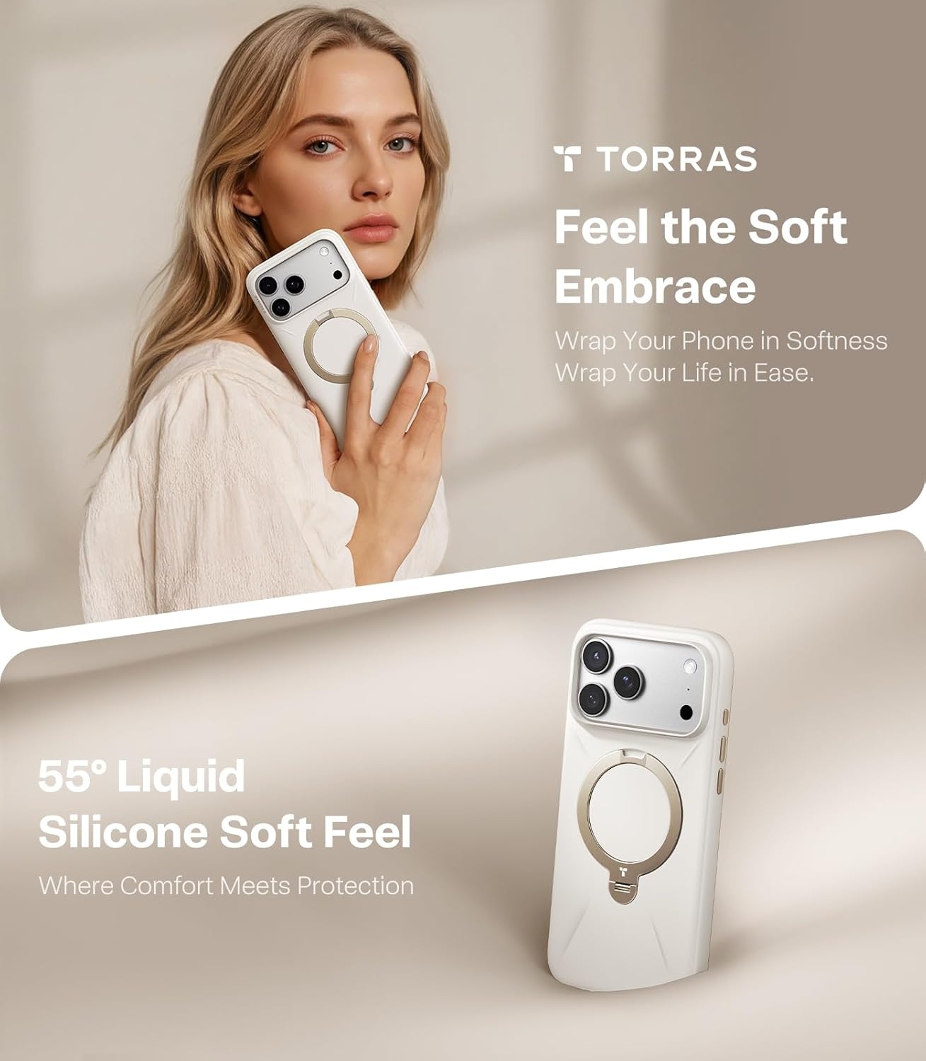 image:imageTORRAS Magnetic for iPhone 16 Pro Max Case Silicone with Stand Fit for MagSafe 360 Ring Stand with Camera Control Ostand Q3 Silicone Rubber Soft Case for iPhone 16 Pro Max 69 Dune BeigeIvory Gold