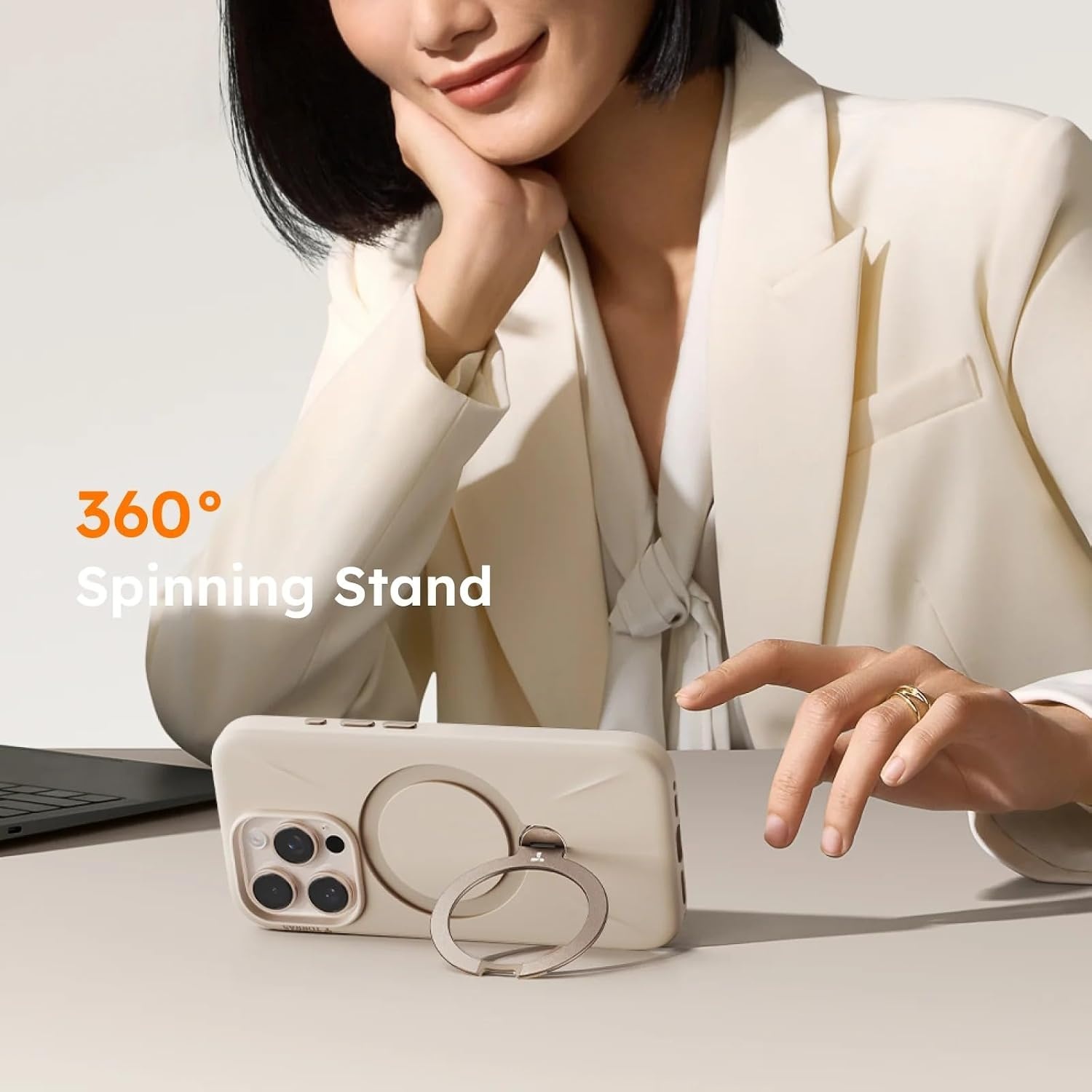 image:imageTORRAS Magnetic for iPhone 16 Pro Max Case Silicone with Stand Fit for MagSafe 360 Ring Stand with Camera Control Ostand Q3 Silicone Rubber Soft Case for iPhone 16 Pro Max 69 Dune BeigeDune Beige