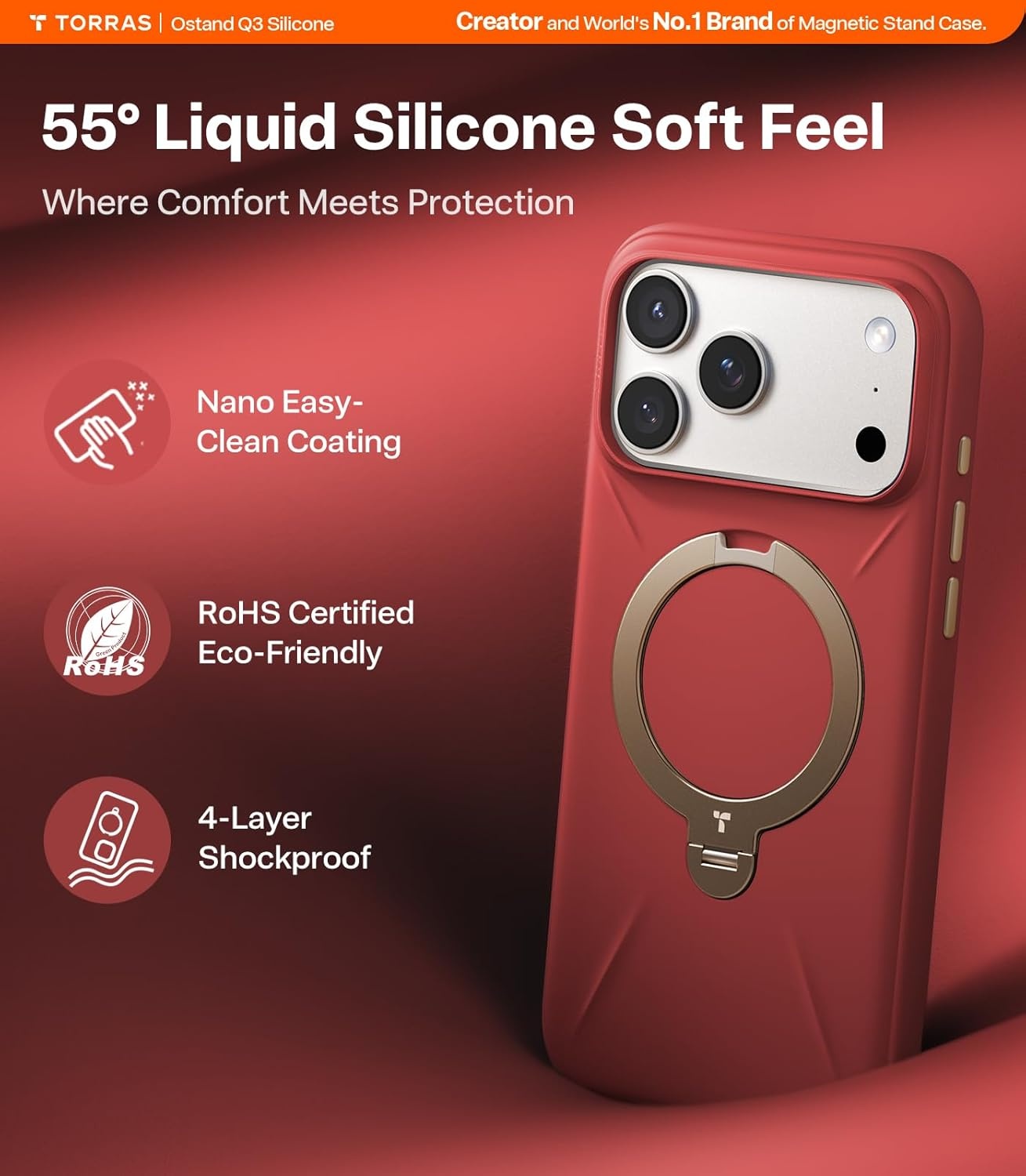 image:imageTORRAS Magnetic for iPhone 16 Pro Max Case Silicone with Stand Fit for MagSafe 360 Ring Stand with Camera Control Ostand Q3 Silicone Rubber Soft Case for iPhone 16 Pro Max 69 Dune BeigeRed