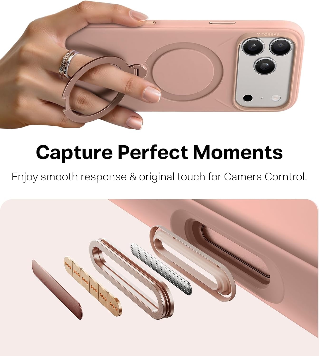 image:imageTORRAS Magnetic for iPhone 16 Pro Max Case Silicone with Stand Fit for MagSafe 360 Ring Stand with Camera Control Ostand Q3 Silicone Rubber Soft Case for iPhone 16 Pro Max 69 Dune BeigeBliss Pink