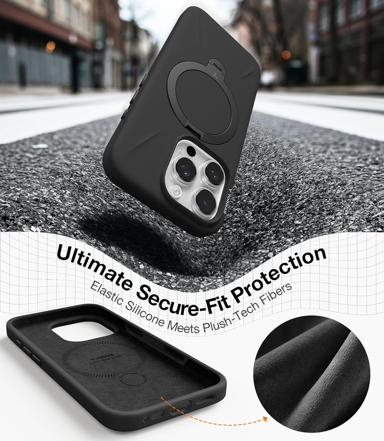 image:imageTORRAS Magnetic for iPhone 16 Pro Max Case Silicone with Stand Fit for MagSafe 360 Ring Stand with Camera Control Ostand Q3 Silicone Rubber Soft Case for iPhone 16 Pro Max 69 Dune BeigeBlack