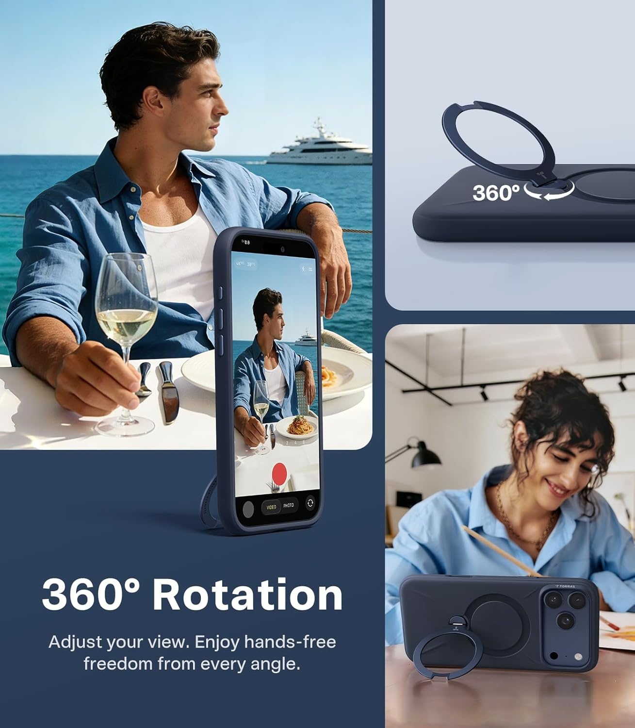 image:imageTORRAS Magnetic for iPhone 16 Pro Max Case Silicone with Stand Fit for MagSafe 360 Ring Stand with Camera Control Ostand Q3 Silicone Rubber Soft Case for iPhone 16 Pro Max 69 Dune BeigeDeep Blue