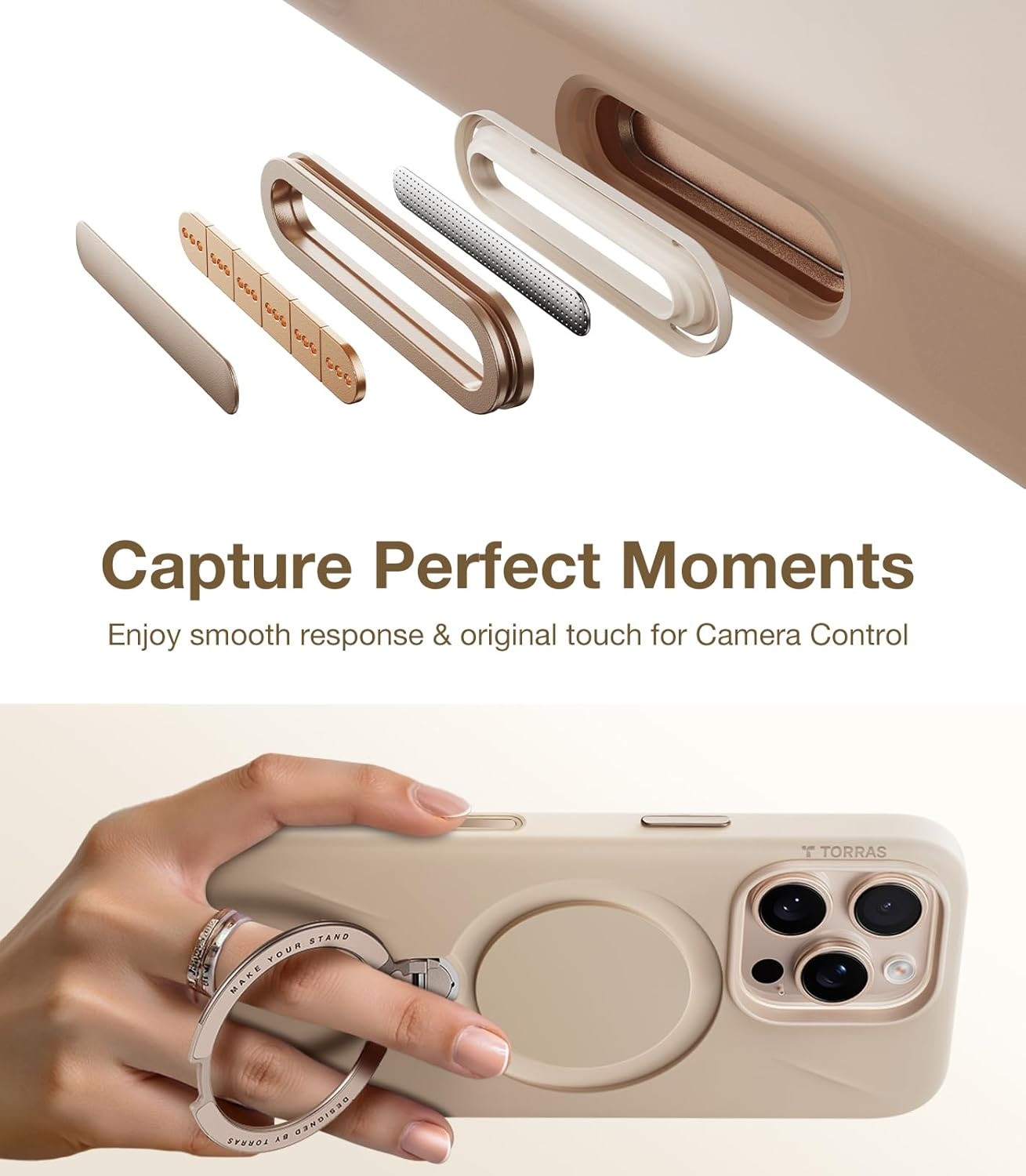 image:imageTORRAS Magnetic for iPhone 16 Pro Max Case Silicone with Stand Fit for MagSafe 360 Ring Stand with Camera Control Ostand Q3 Silicone Rubber Soft Case for iPhone 16 Pro Max 69 Dune BeigeDune Beige