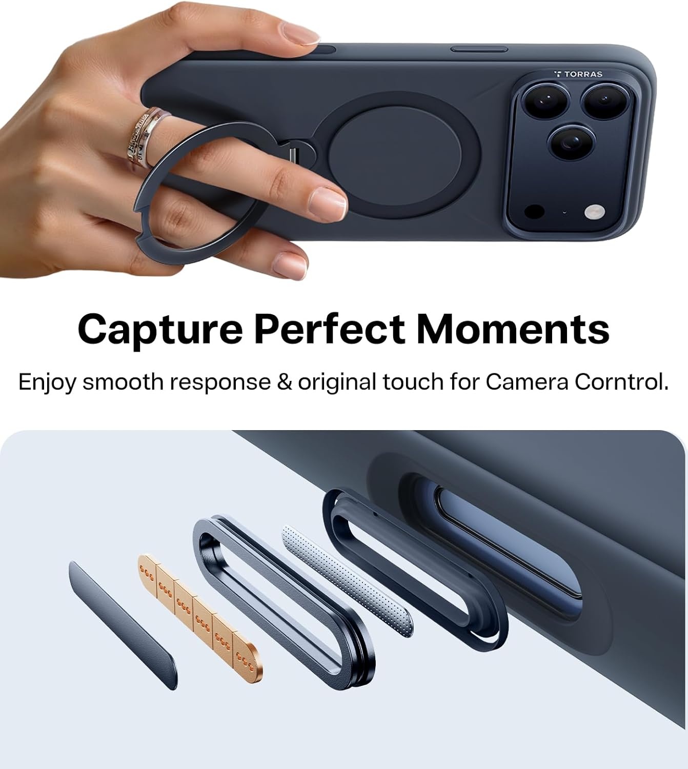 image:imageTORRAS Magnetic for iPhone 16 Pro Max Case Silicone with Stand Fit for MagSafe 360 Ring Stand with Camera Control Ostand Q3 Silicone Rubber Soft Case for iPhone 16 Pro Max 69 Dune BeigeDeep Blue