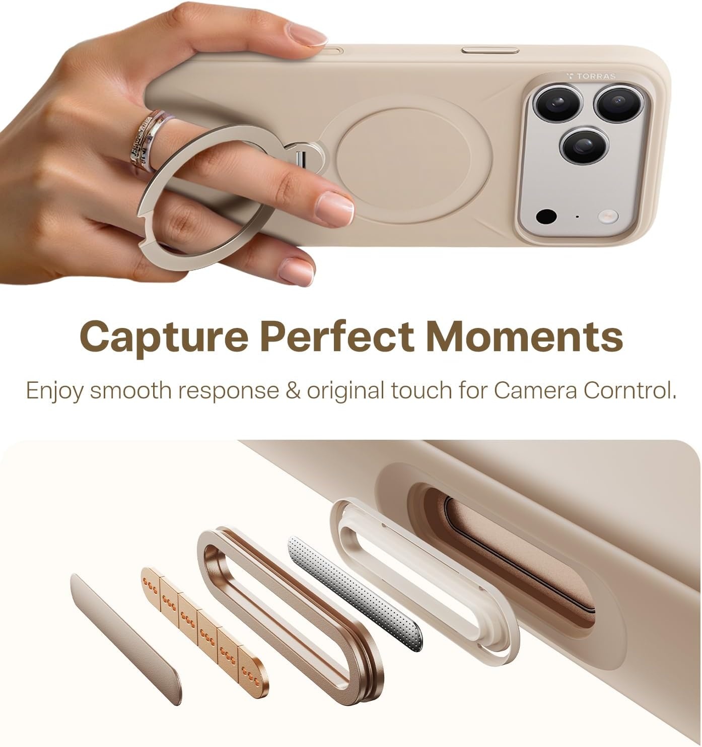 image:imageTORRAS Magnetic for iPhone 16 Pro Max Case Silicone with Stand Fit for MagSafe 360 Ring Stand with Camera Control Ostand Q3 Silicone Rubber Soft Case for iPhone 16 Pro Max 69 Dune BeigeBeige