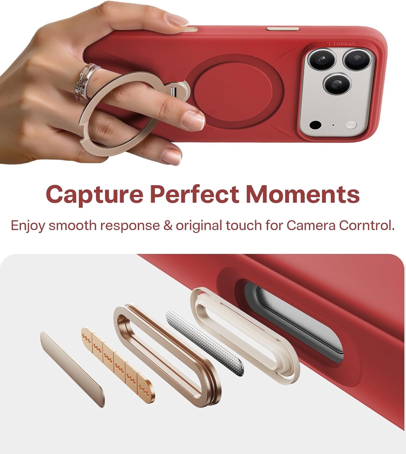 image:imageTORRAS Magnetic for iPhone 16 Pro Max Case Silicone with Stand Fit for MagSafe 360 Ring Stand with Camera Control Ostand Q3 Silicone Rubber Soft Case for iPhone 16 Pro Max 69 Dune BeigeRed