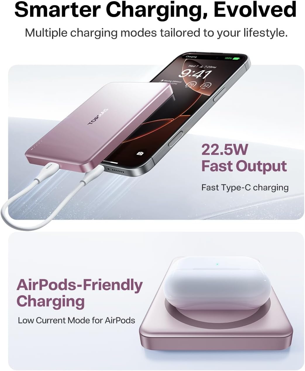 image:imageTORRAS MiniMag Power BankUltraSlim 10000mAh Magnetic Wireless Portable Charger 225W Fast Charging iPhone Air Magnetic Battery Pack Designed for iPhone 17 Pro Max17 ProAir1615141312 GrayDawn Rose